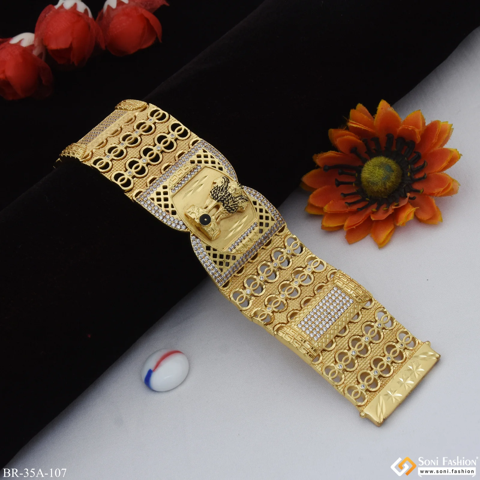 Big Size Handmade Indian Mudra Logo with Diamond Gold Plated Bracelet - Style A107 - Image 6