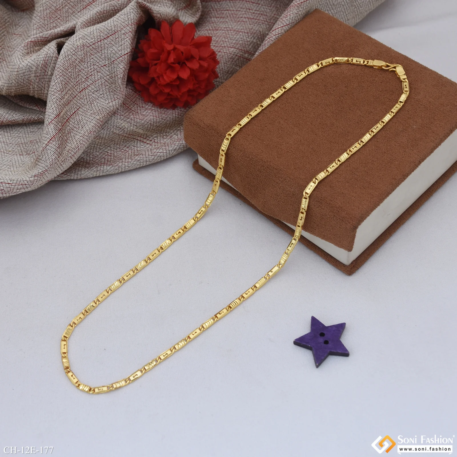 Slim Design Gold Plated Biscuit Chain for Men - Style E177 - Image 3
