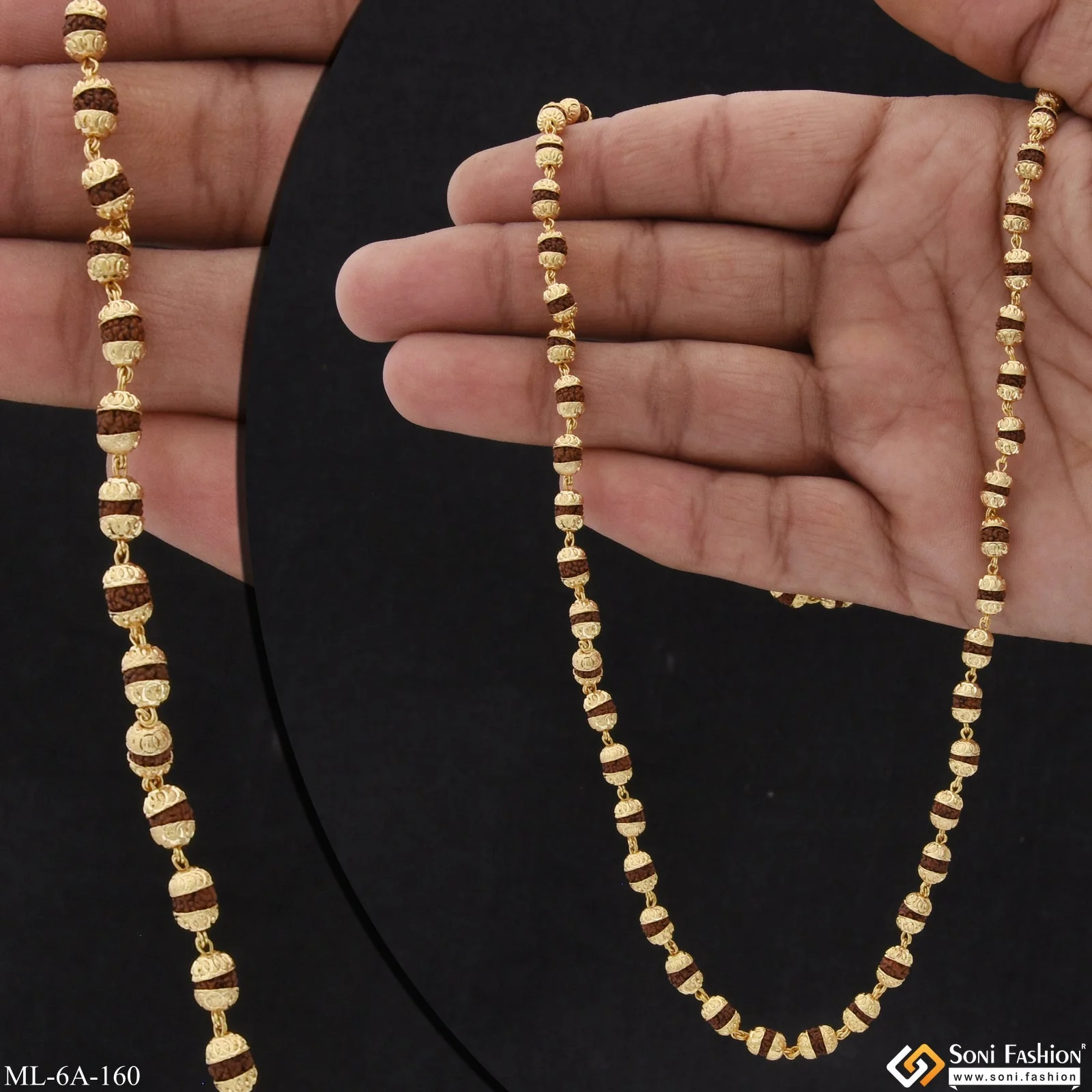 Small Size Sparkling Design Gold Plated Rudraksha Mala - Style A160 - Image 2