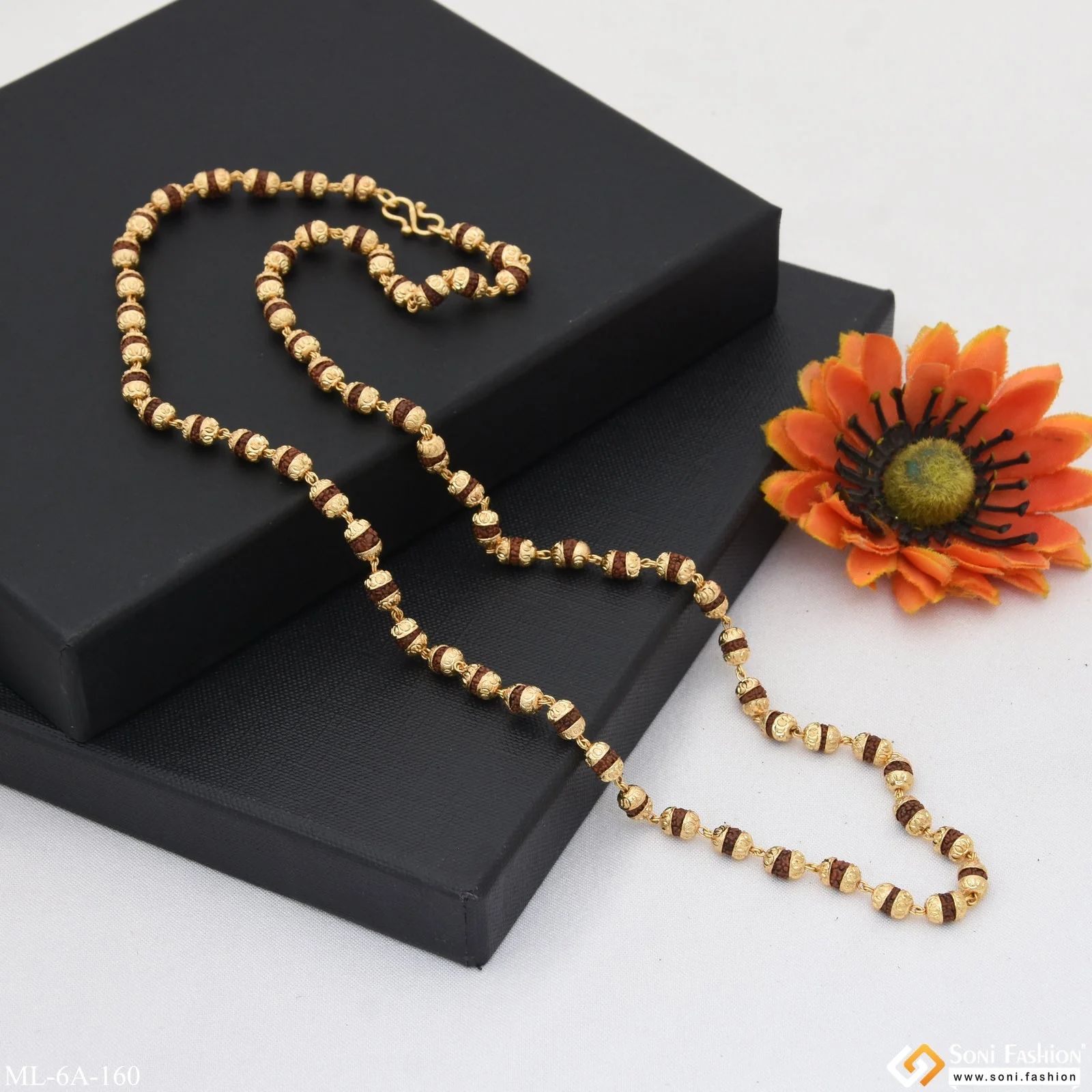 Small Size Sparkling Design Gold Plated Rudraksha Mala - Style A160 - Image 5