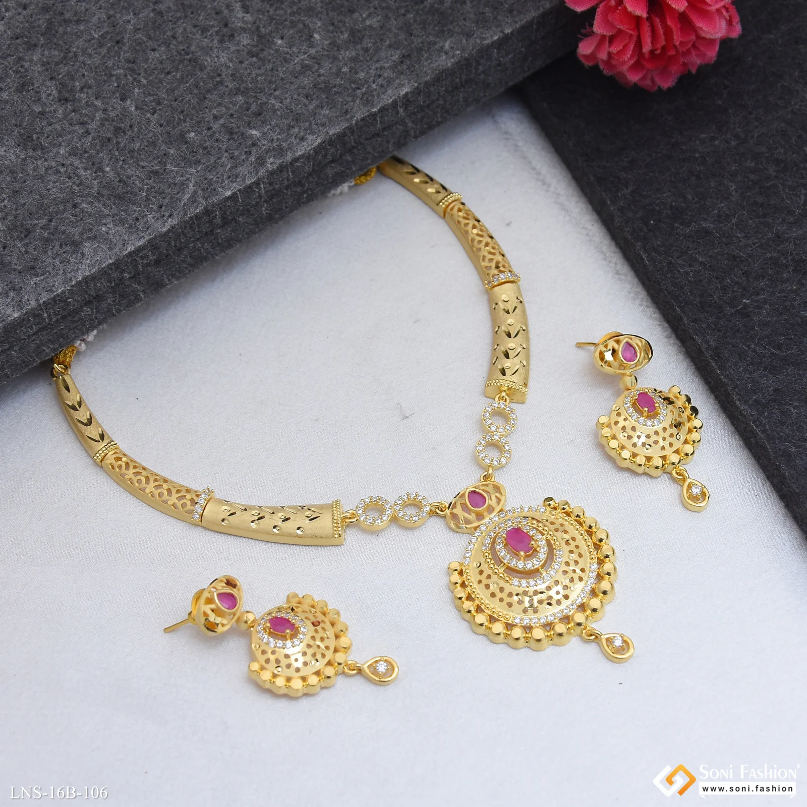 Sparkling Design Gold Plated Necklace Set for Women - Style B106 - Image 3