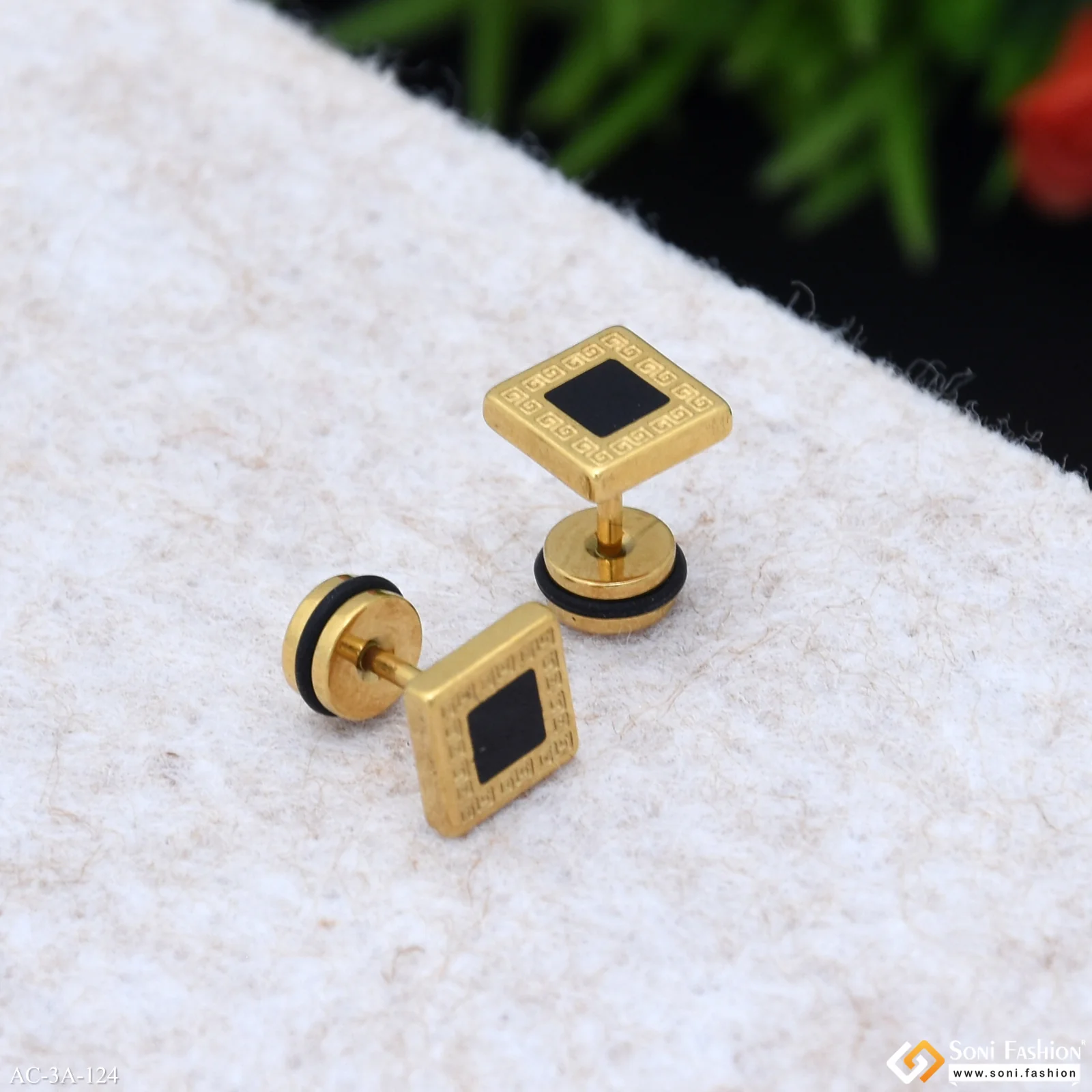 Square Black & Golden Color Stud Earring for Men (2 Pc) - Style A124 - Image 4