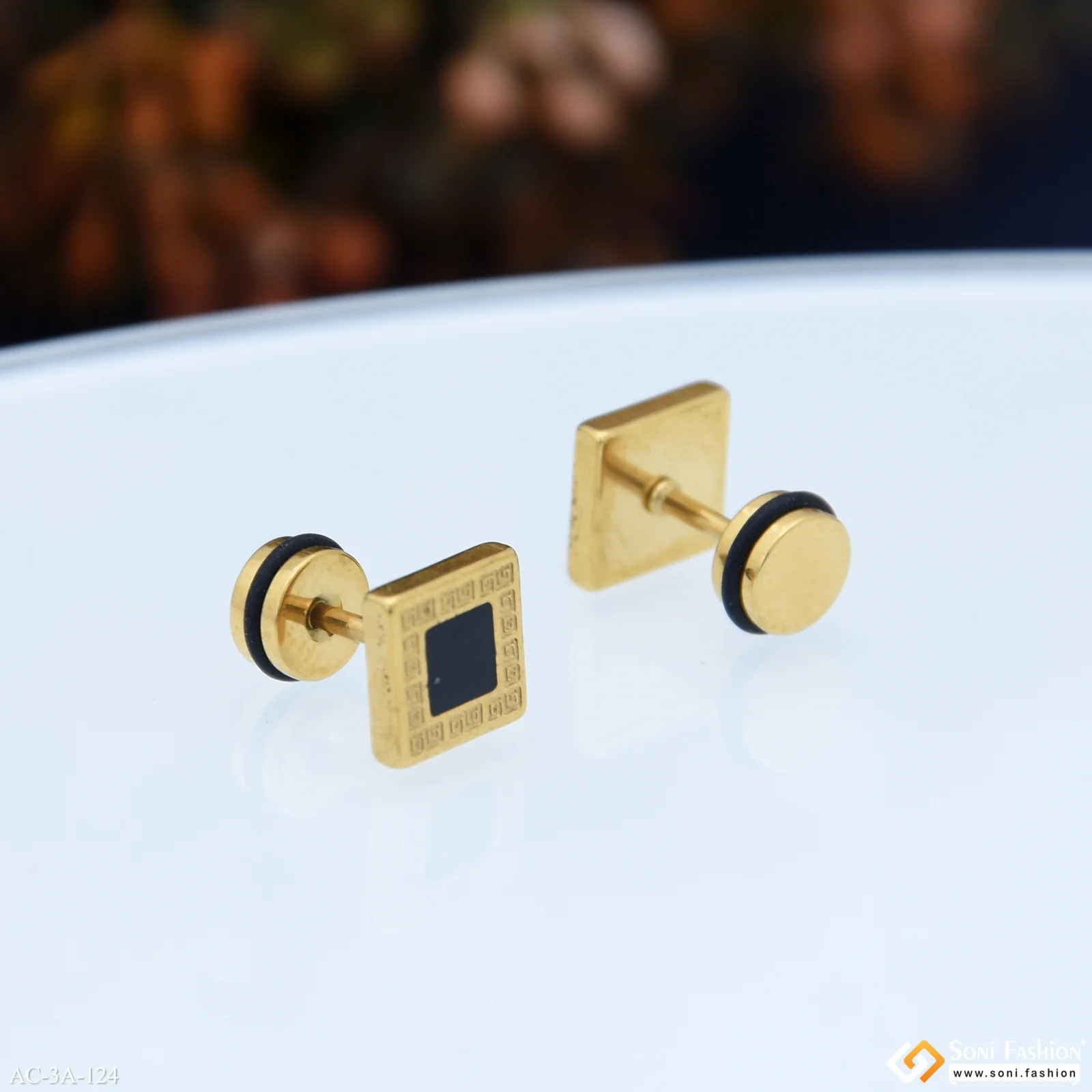 Square Black & Golden Color Stud Earring for Men (2 Pc) - Style A124 - Image 5