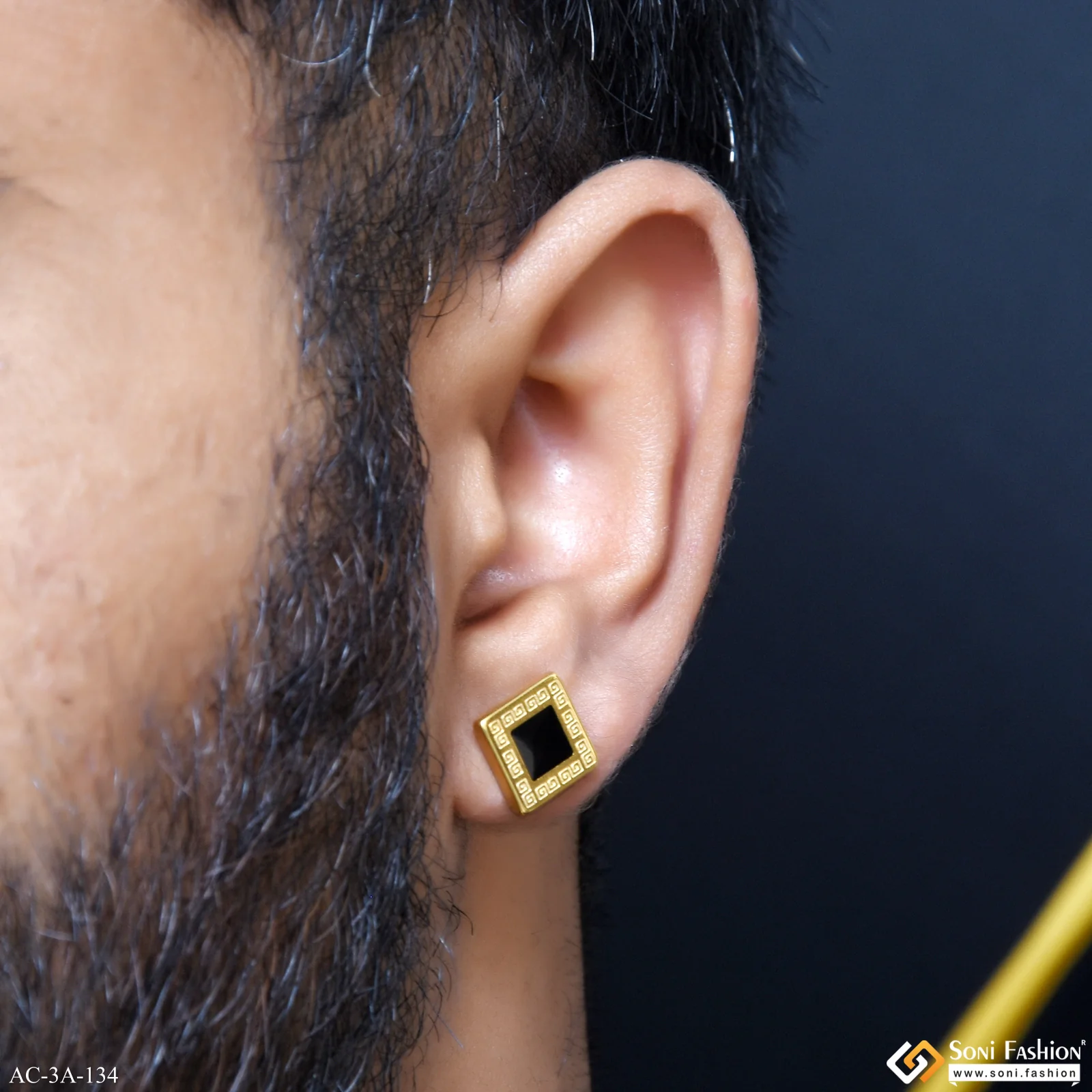 Square Shape Black & Golden Color Stud Earring for Men (2 Pc) - Style A134