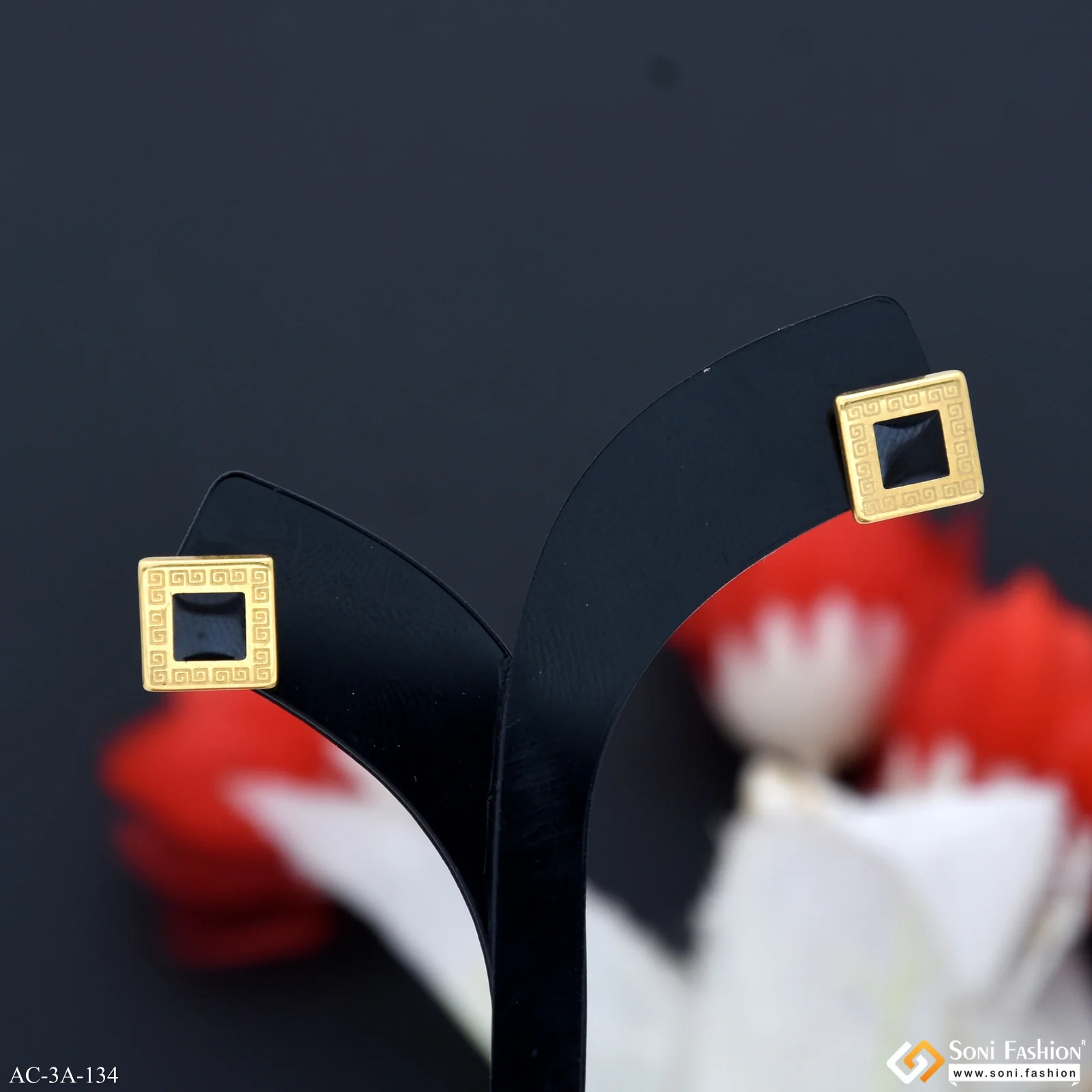 Square Shape Black & Golden Color Stud Earring for Men (2 Pc) - Style A134 - Image 2