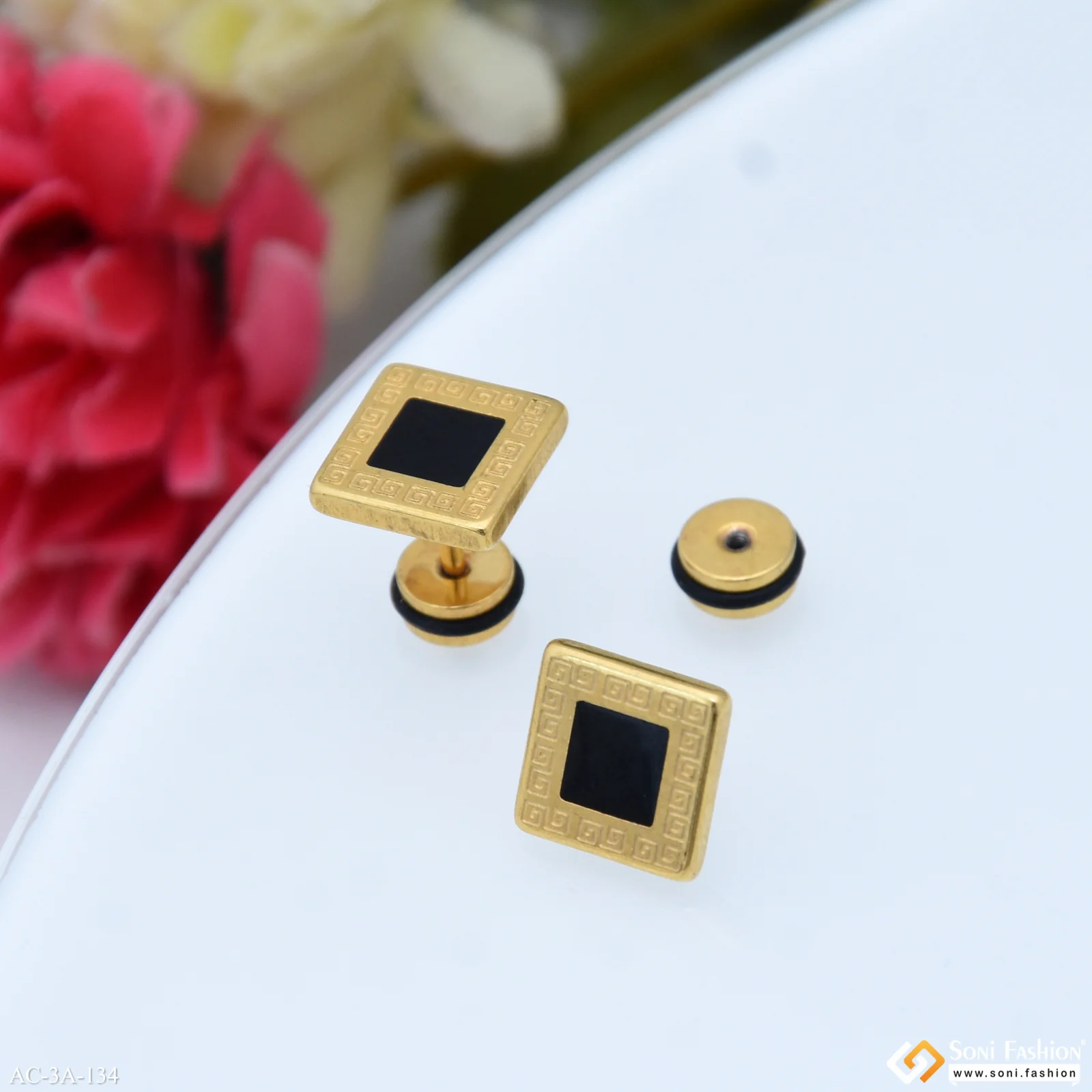 Square Shape Black & Golden Color Stud Earring for Men (2 Pc) - Style A134 - Image 3