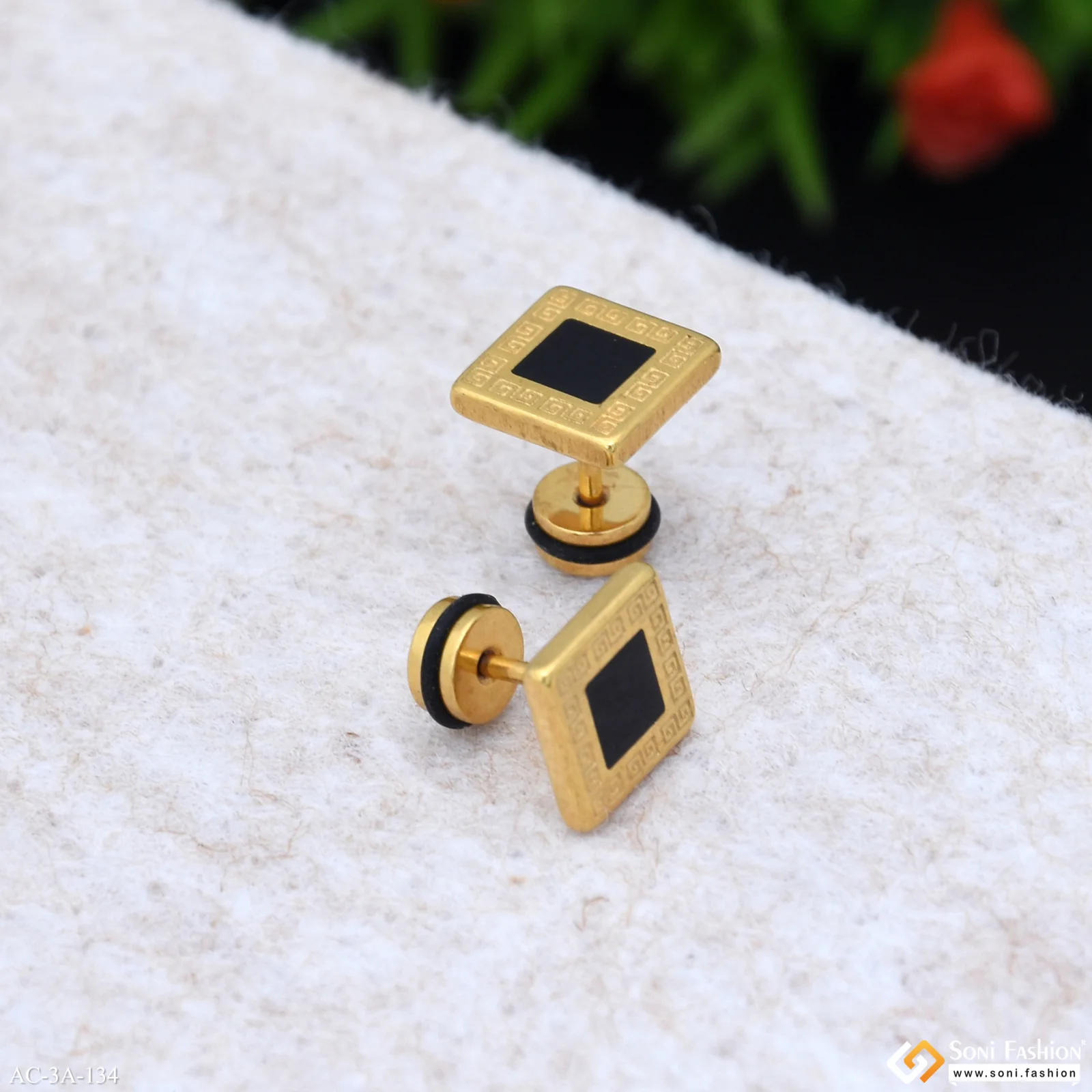 Square Shape Black & Golden Color Stud Earring for Men (2 Pc) - Style A134 - Image 4