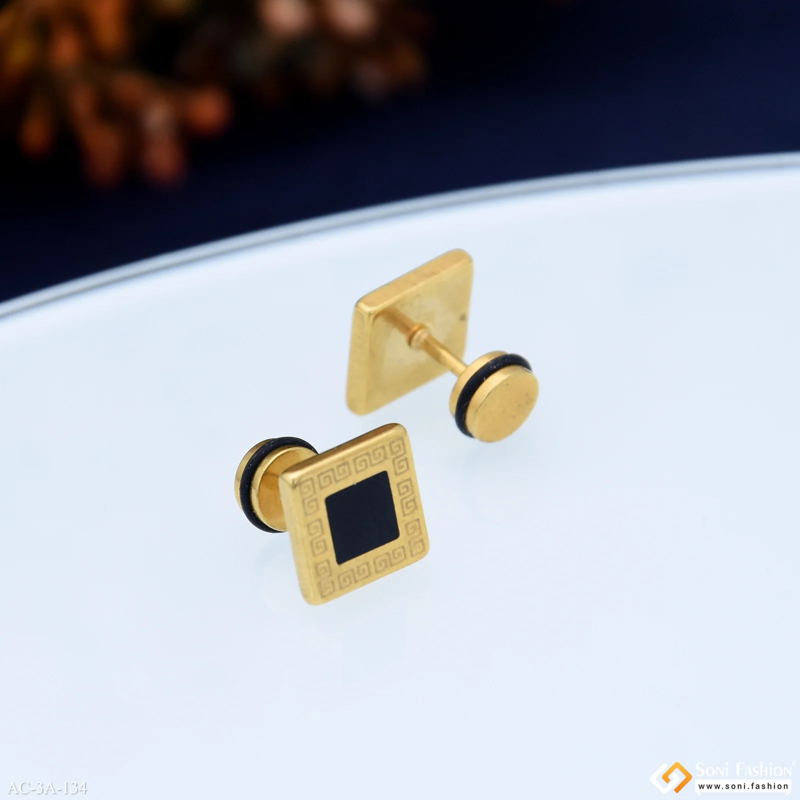 Square Shape Black & Golden Color Stud Earring for Men (2 Pc) - Style A134 - Image 5
