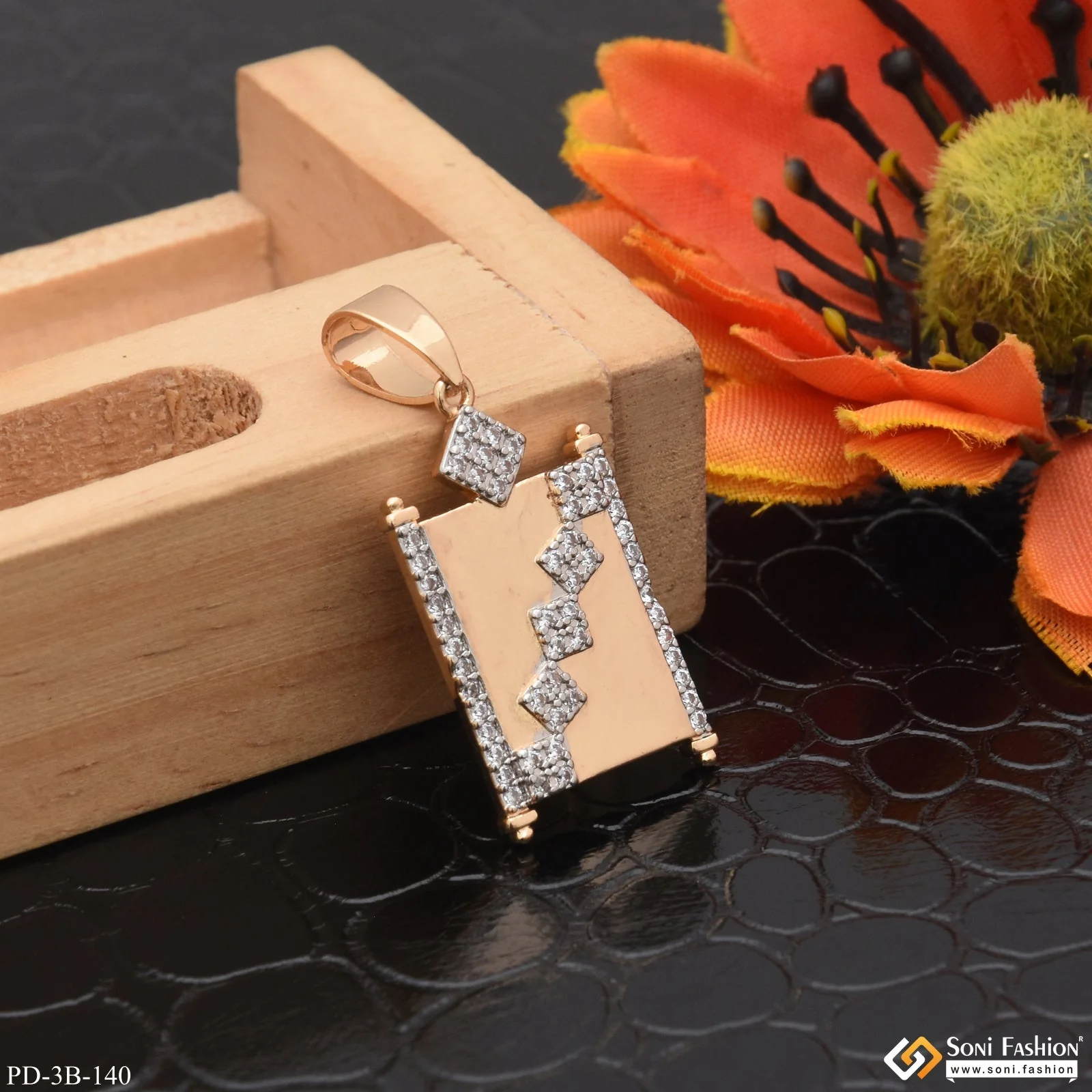 Square With Diamond Finely Detailed Design Rose Gold Pendant For Men - Style B140 - Image 5