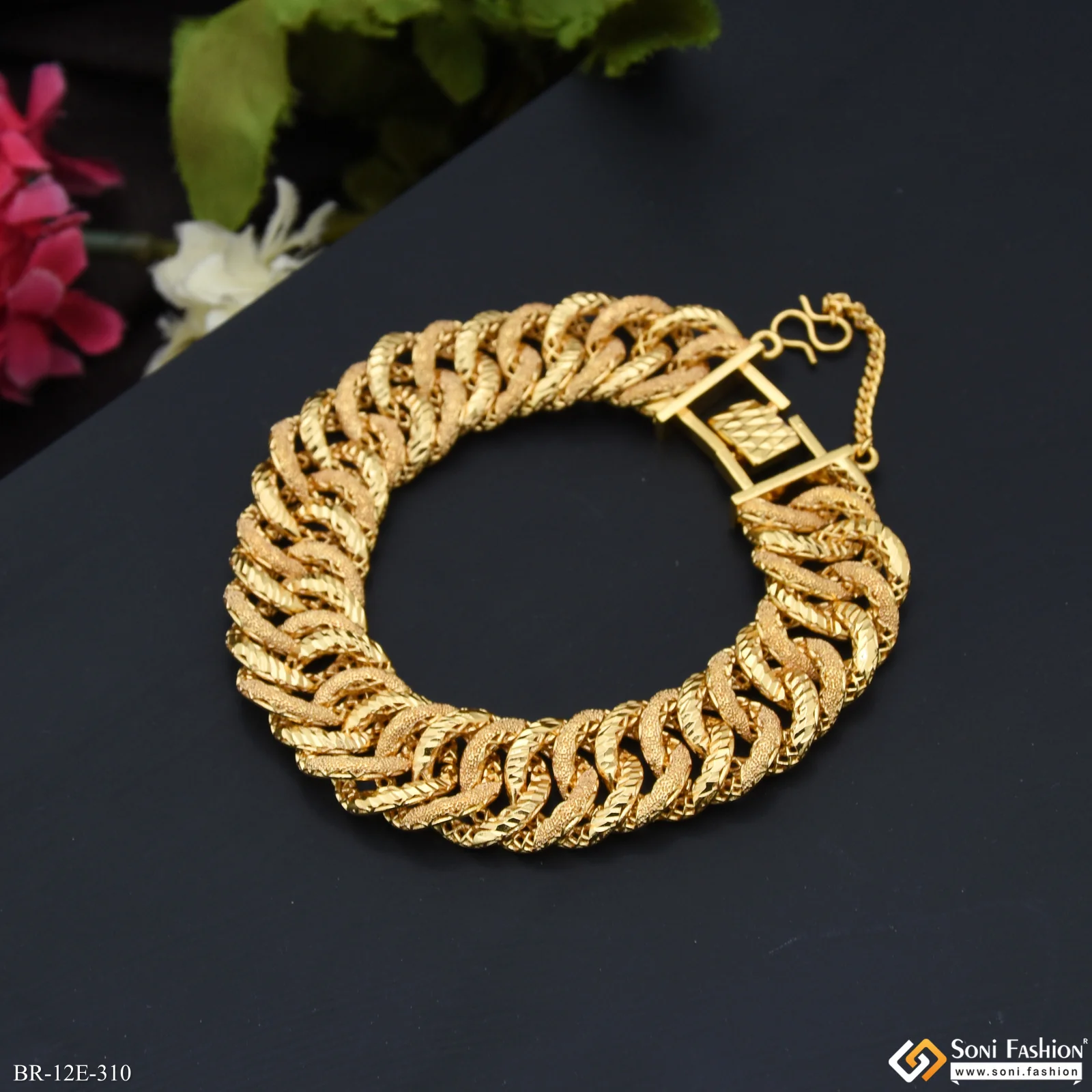 Link Bracelet Glittering Design Gold Plated Bracelet for Men - Style E310 - Image 2