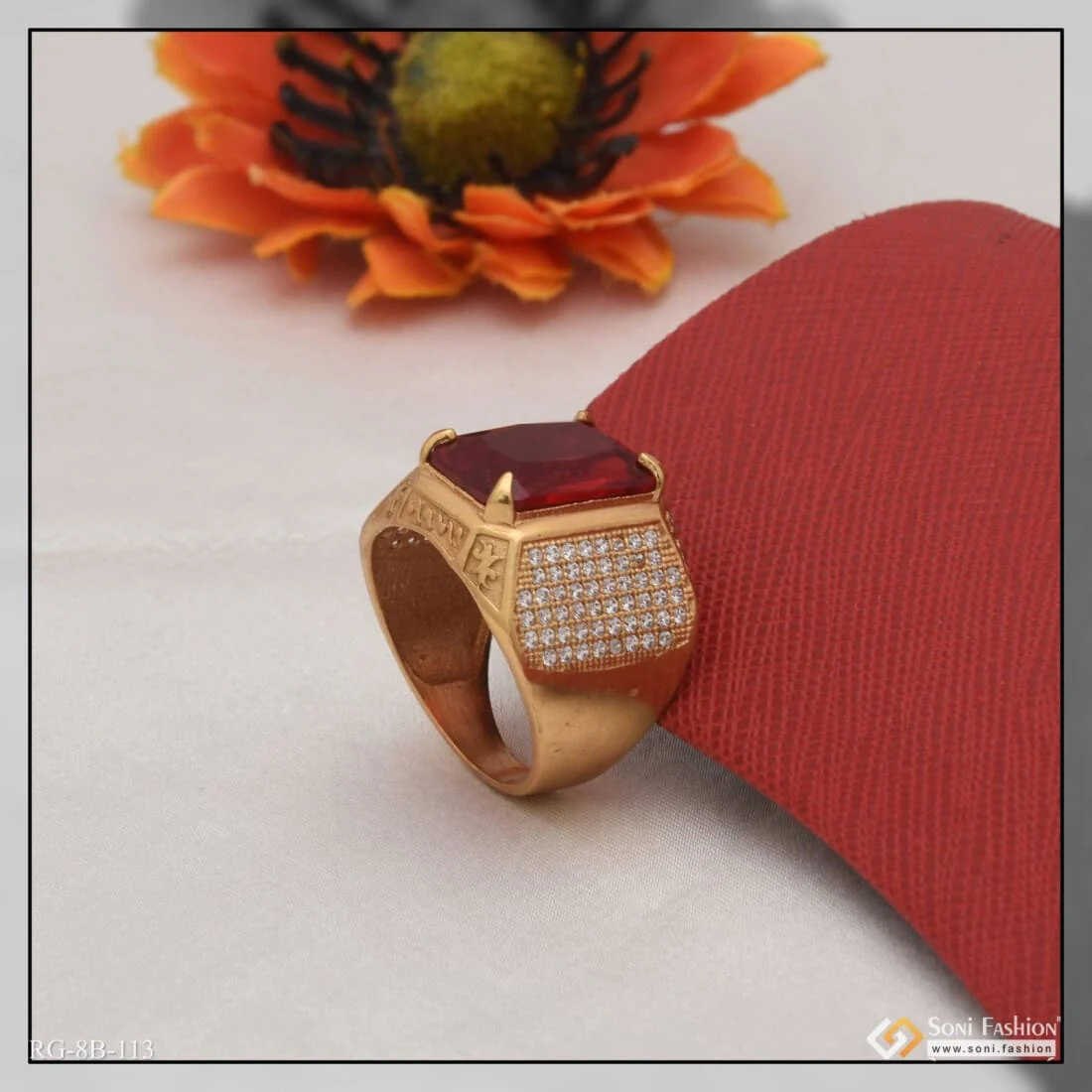Red Stone With Diamond Best Quality Attractive Design Gold Plated Ring - Style B113 - Image 3