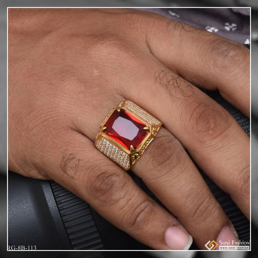 Red Stone With Diamond Best Quality Attractive Design Gold Plated Ring - Style B113 - Image 4