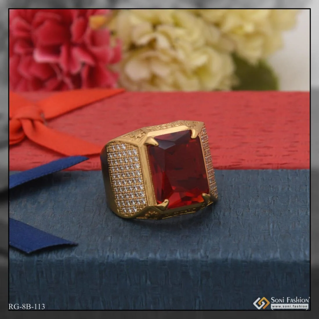 Red Stone With Diamond Best Quality Attractive Design Gold Plated Ring - Style B113 - Image 5