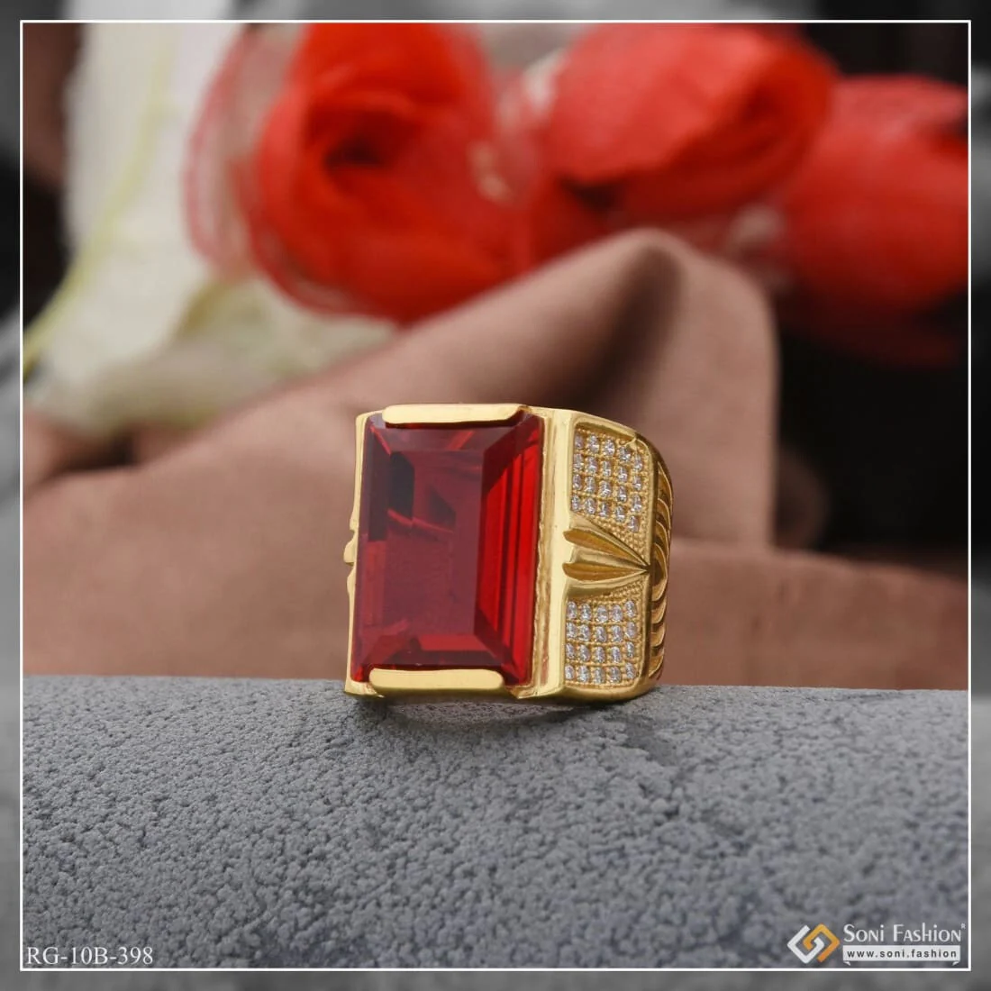 Red Stone With Diamond Glittering Design Gold Plated Ring For Men - Style B398 - Image 5
