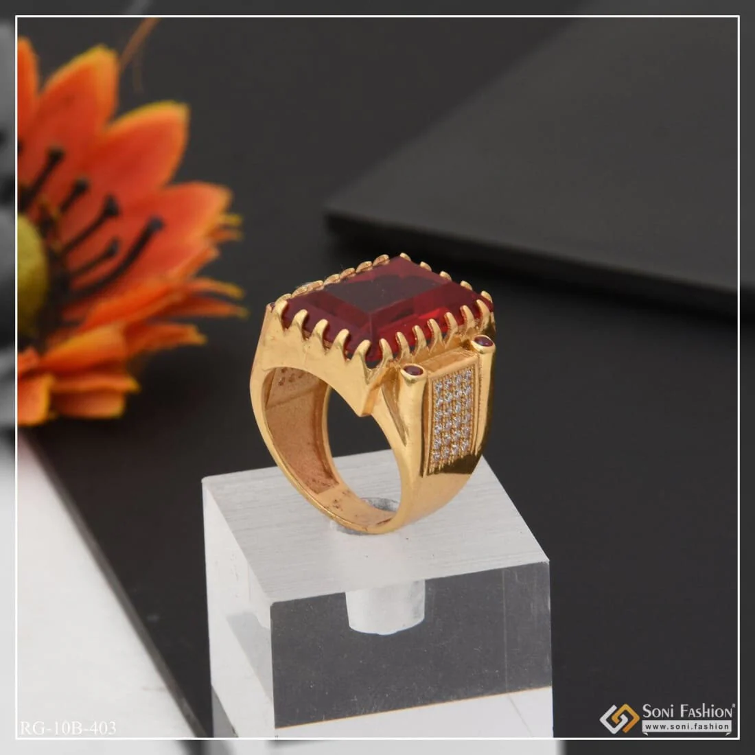 Red Stone With Diamond Sophisticated Design Gold Plated Ring For Men - Style B403 - Image 3