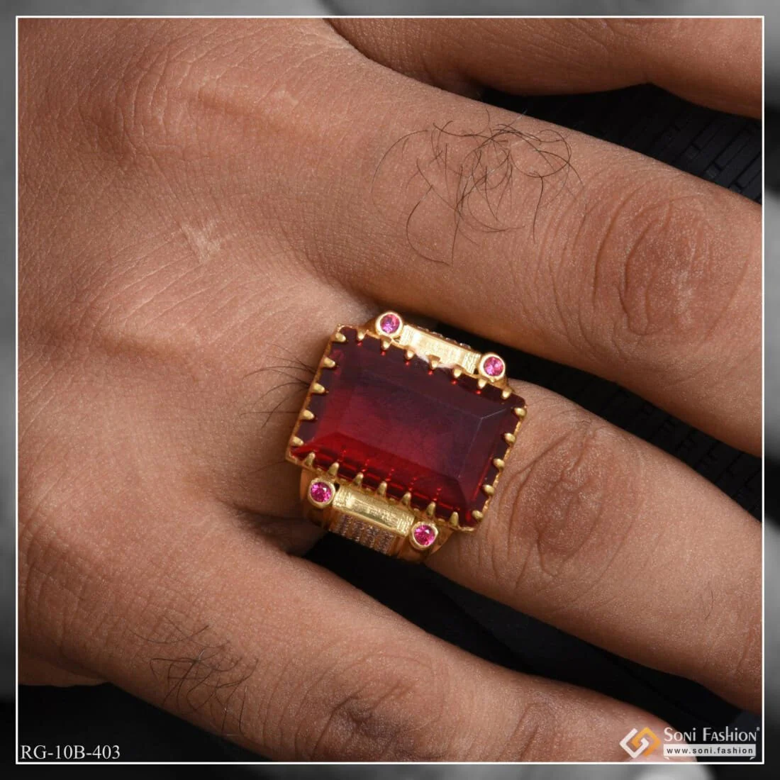 Red Stone With Diamond Sophisticated Design Gold Plated Ring For Men - Style B403 - Image 4