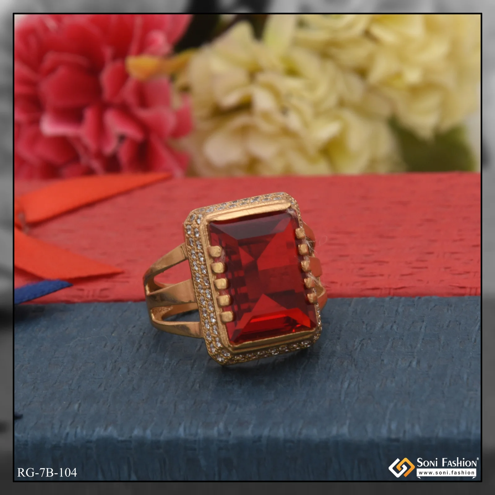 Red Stone With Diamond Superior Quality Unique Design Gold Plated Ring - Style B104 - Image 3
