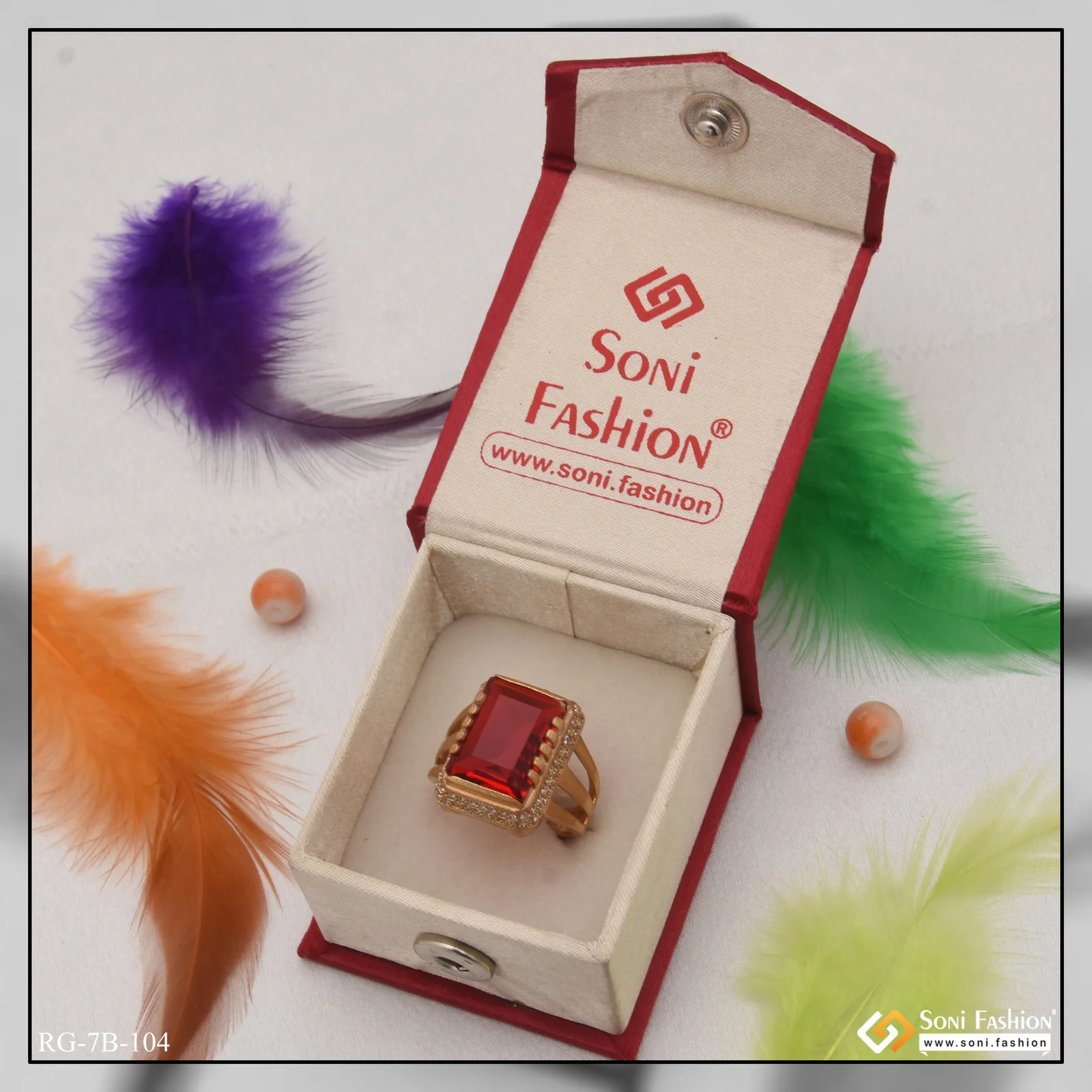 Red Stone With Diamond Superior Quality Unique Design Gold Plated Ring - Style B104 - Image 4
