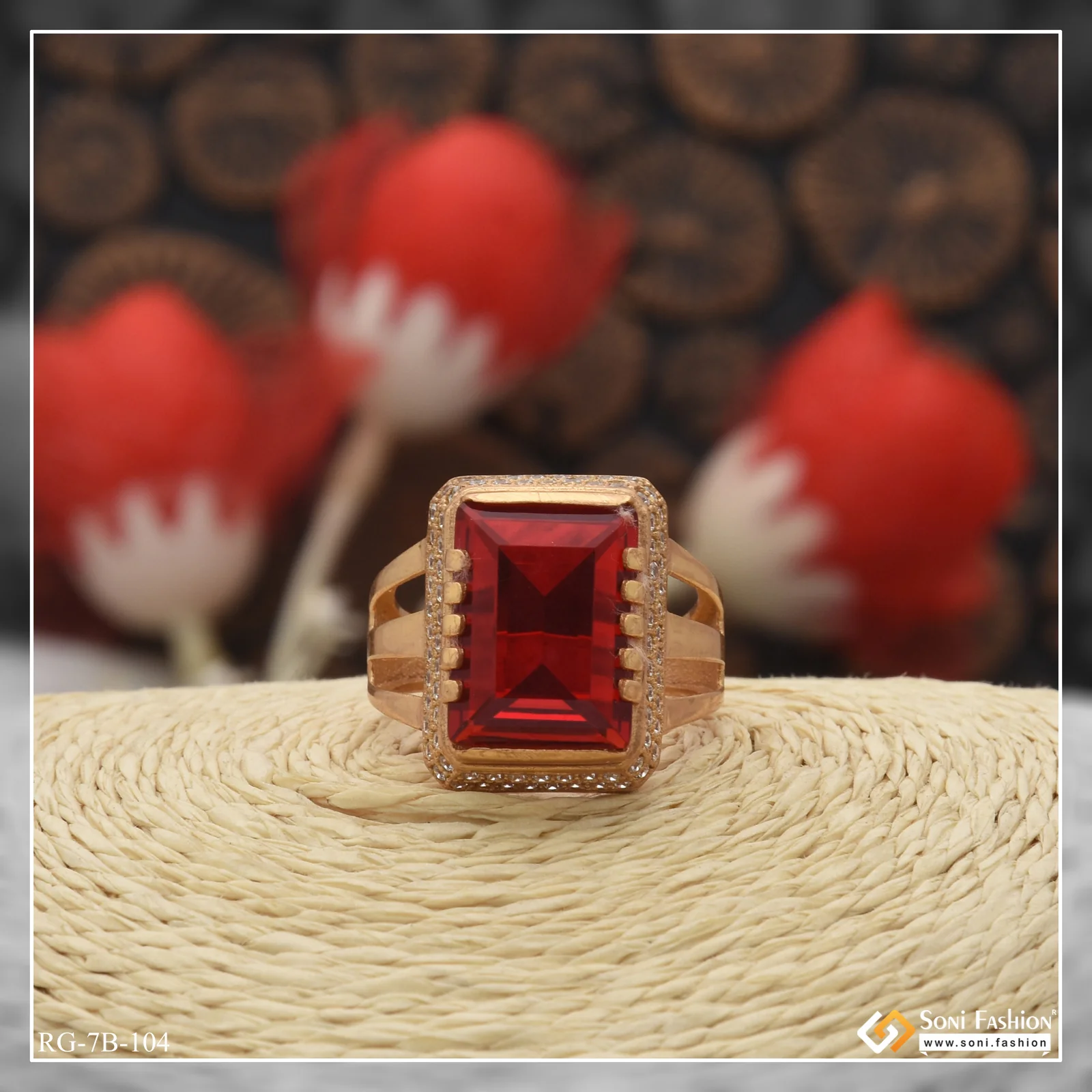 Red Stone With Diamond Superior Quality Unique Design Gold Plated Ring - Style B104 - Image 5