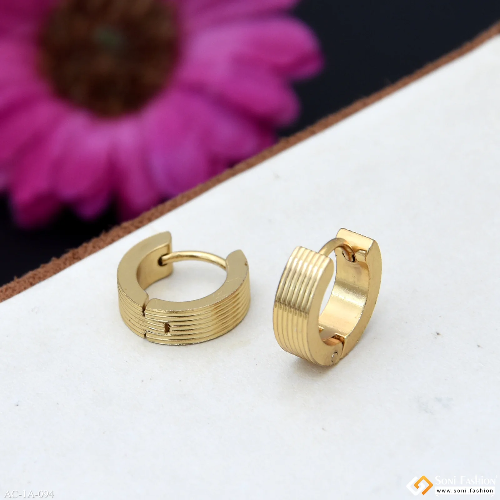 Striped Design Golden Stainless Steel Stud Earring For Men (2 Pc) - Style A094 - Image 3
