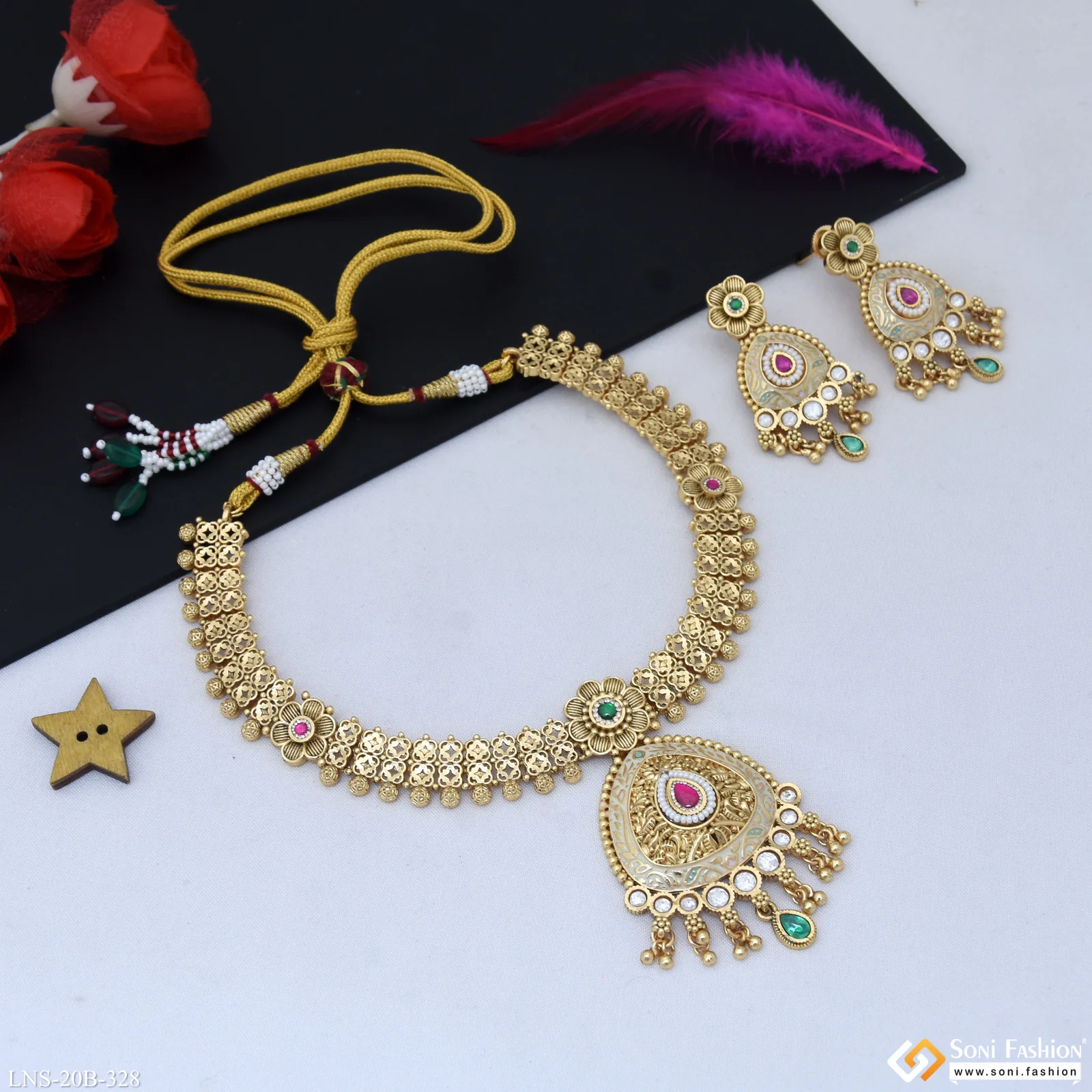 Stunning Design Gold Plated Antique Necklace Set for Women - Style B328 - Image 4
