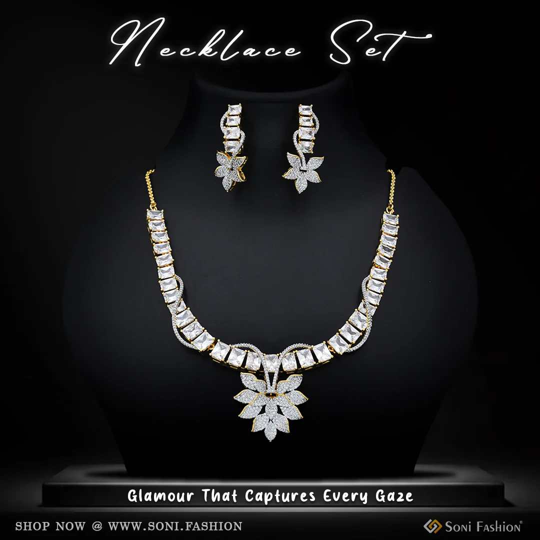 Stunning Design Gold Plated Diamond Necklace Set for Ladies - Style B166