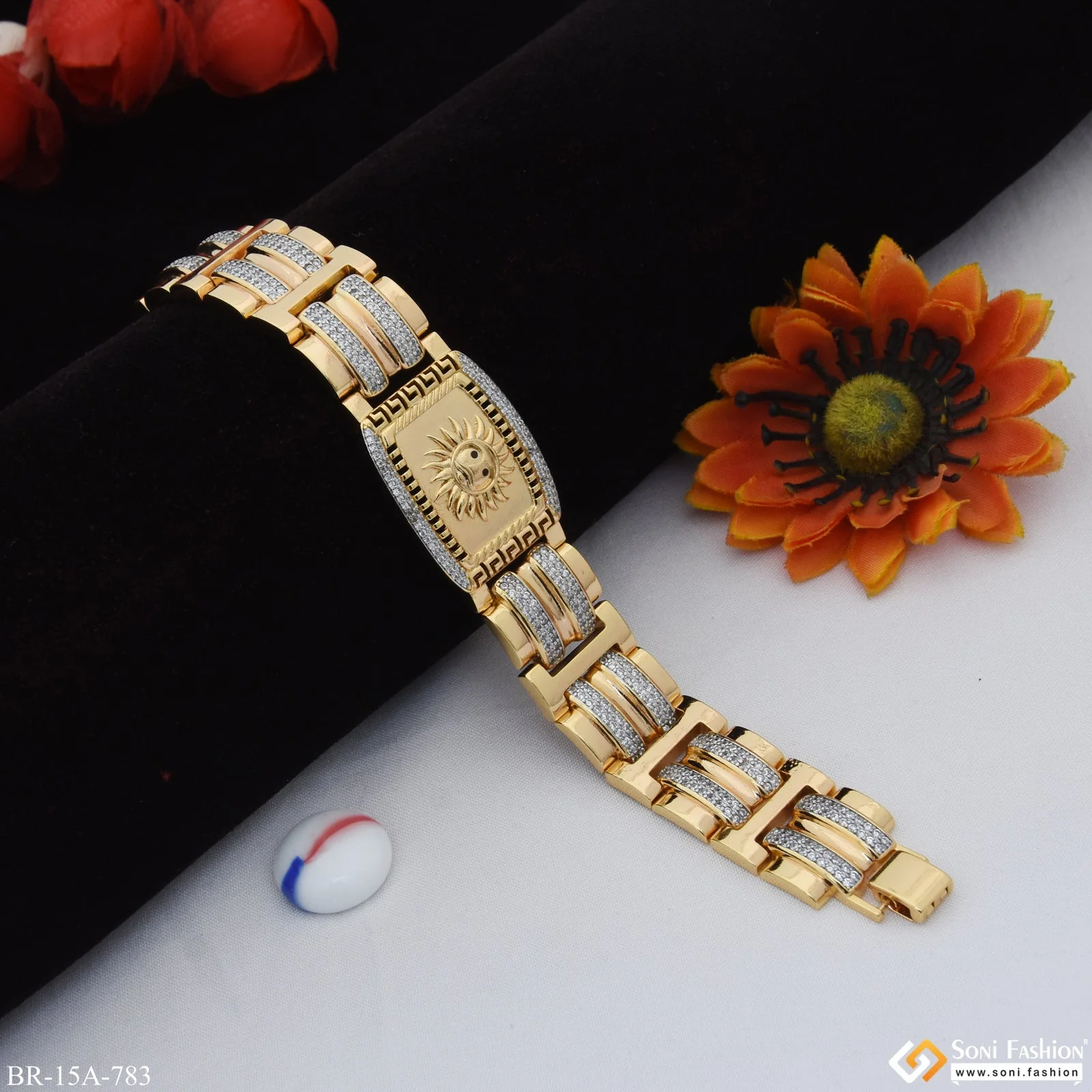 Sun Attractive Bracelet With 8 Steeps Rhodium Background Design Gold Plated - Style A783 - Image 2
