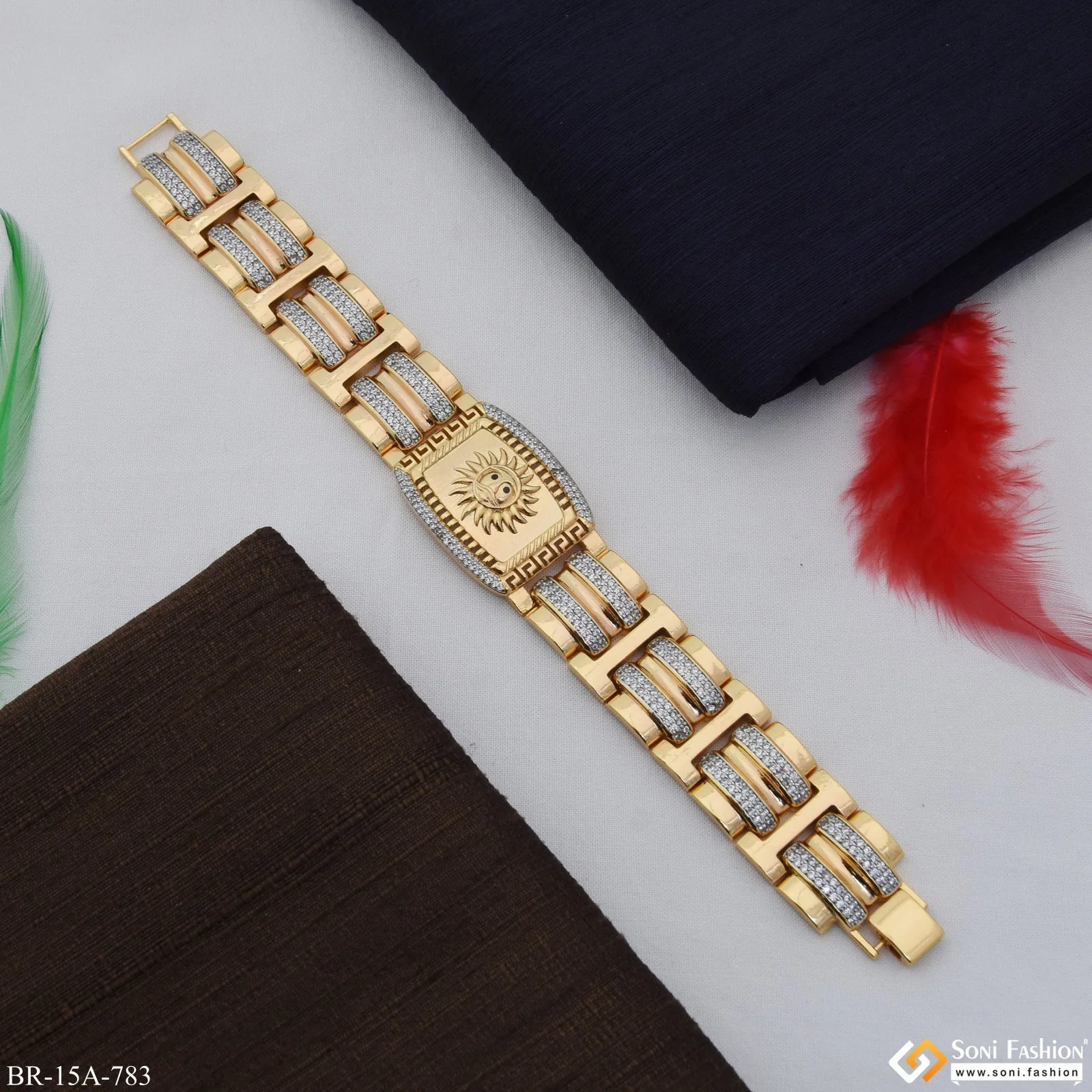 Sun Attractive Bracelet With 8 Steeps Rhodium Background Design Gold Plated - Style A783 - Image 3