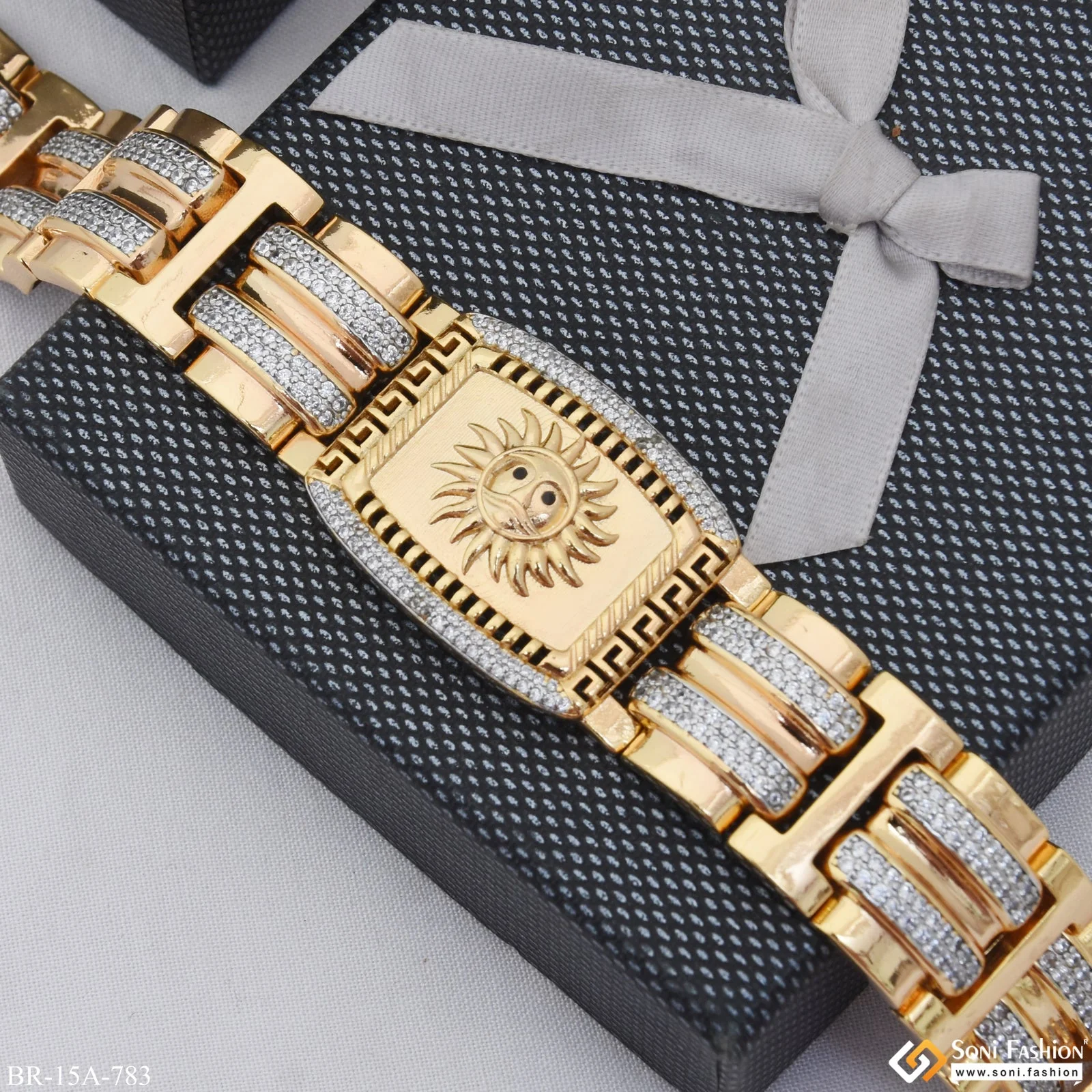 Sun Attractive Bracelet With 8 Steeps Rhodium Background Design Gold Plated - Style A783 - Image 4