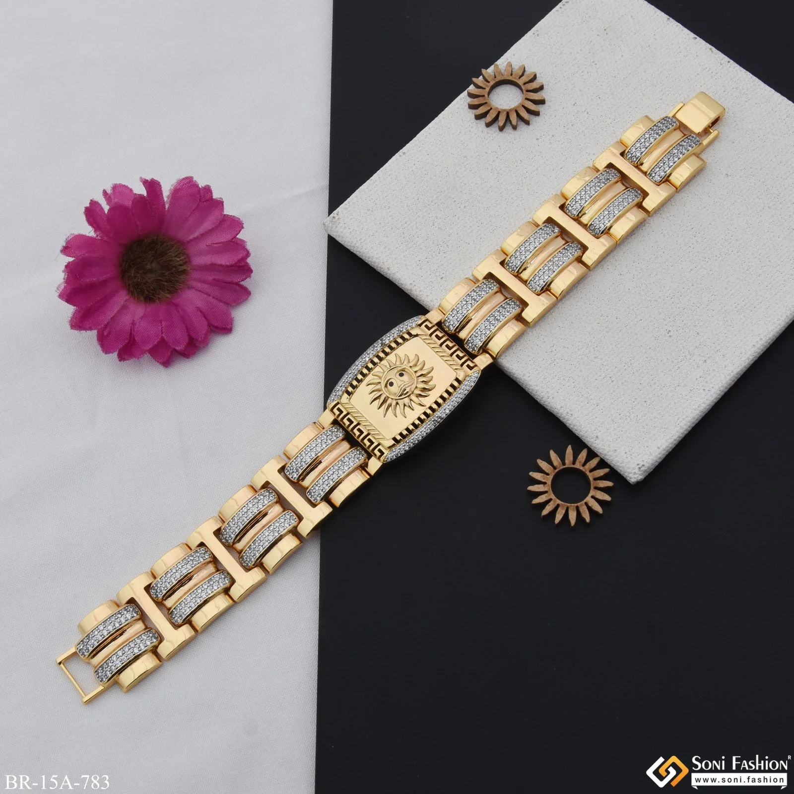 Sun Attractive Bracelet With 8 Steeps Rhodium Background Design Gold Plated - Style A783 - Image 5