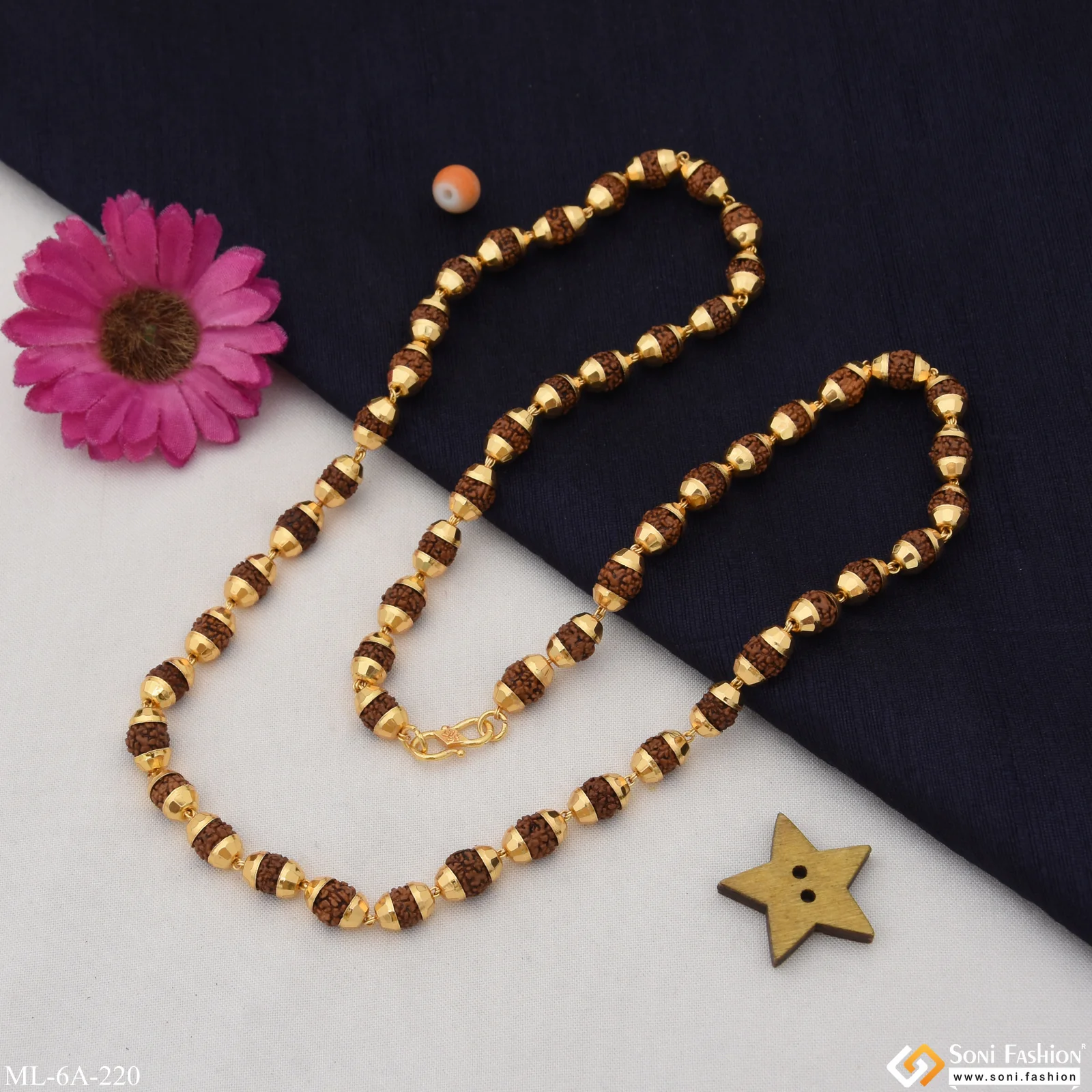 Superior Quality Sparkling Design Gold Plated Rudraksha Mala for Men - Style A220 - Image 4