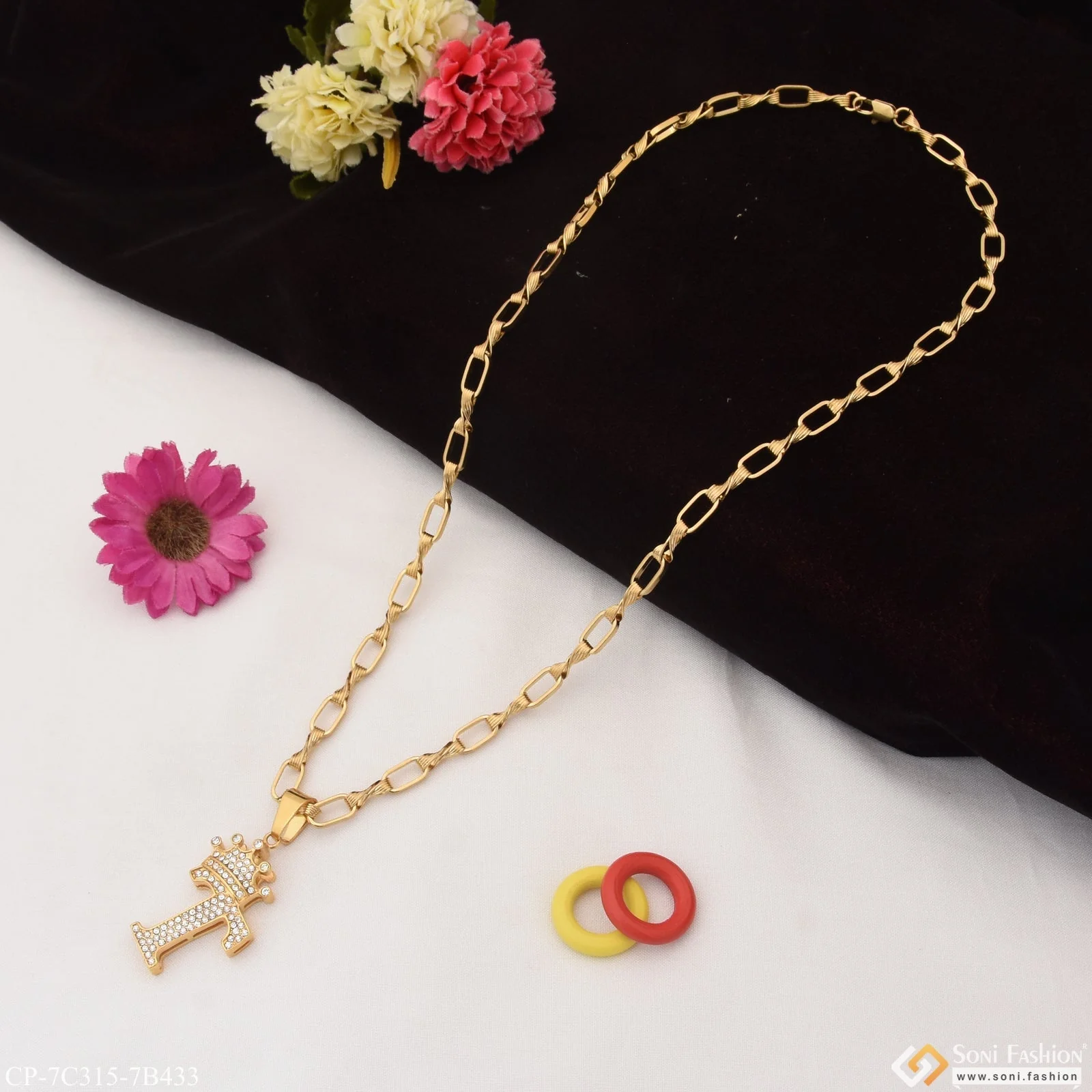 T Letter with Diamond Glamorous Design Chain Pendant Combo for Men (CP-C315-B433) - Image 3