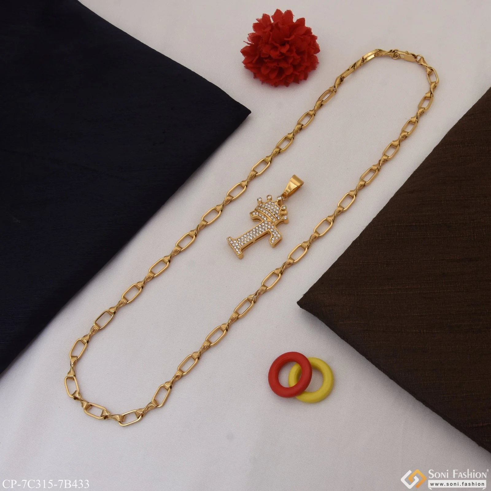T Letter with Diamond Glamorous Design Chain Pendant Combo for Men (CP-C315-B433) - Image 6