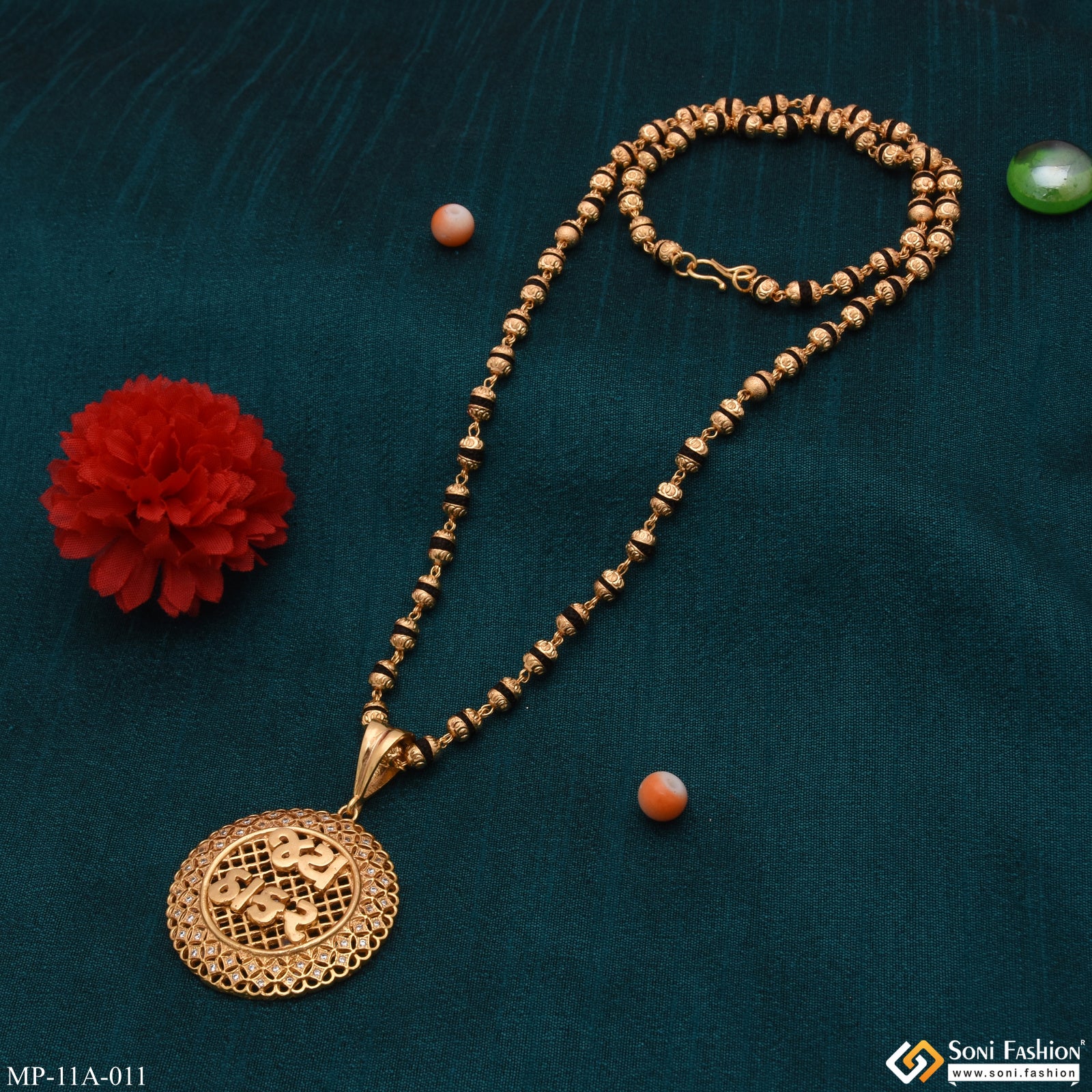 Jay Thakar With Diamond Gold Plated Rudraksha Mala With Pendant For Men - Style A011 - Image 3