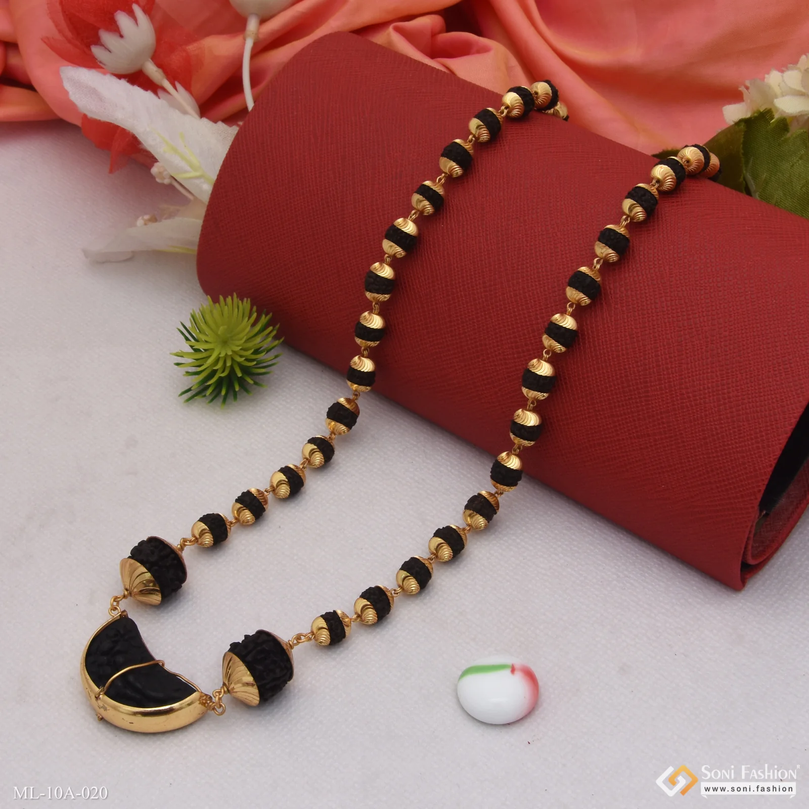 Three Big Beads Etched Design Gold Plated Rudraksha Mala For Men - Style A020 - Image 4