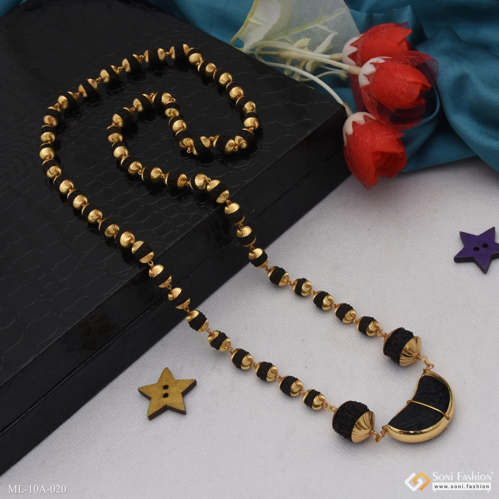 Three Big Beads Etched Design Gold Plated Rudraksha Mala For Men - Style A020 - Image 5