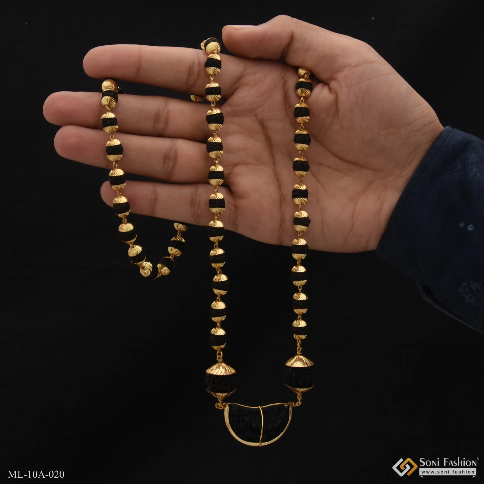 Three Big Beads Etched Design Gold Plated Rudraksha Mala For Men - Style A020 - Image 7