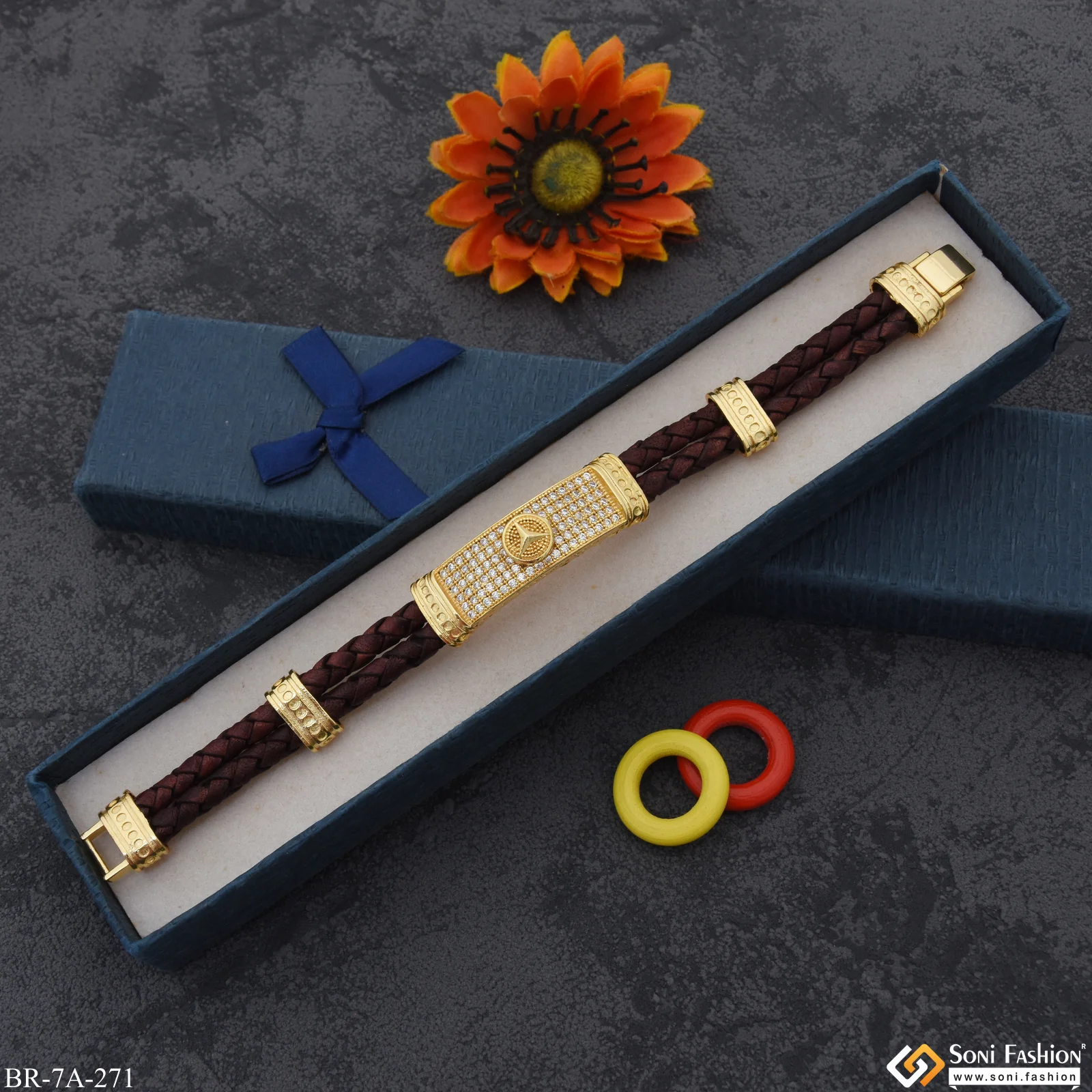 Triangle Logo with Diamond Gold Plated Leather Braided Bracelet for Men - Style A271 - Image 3