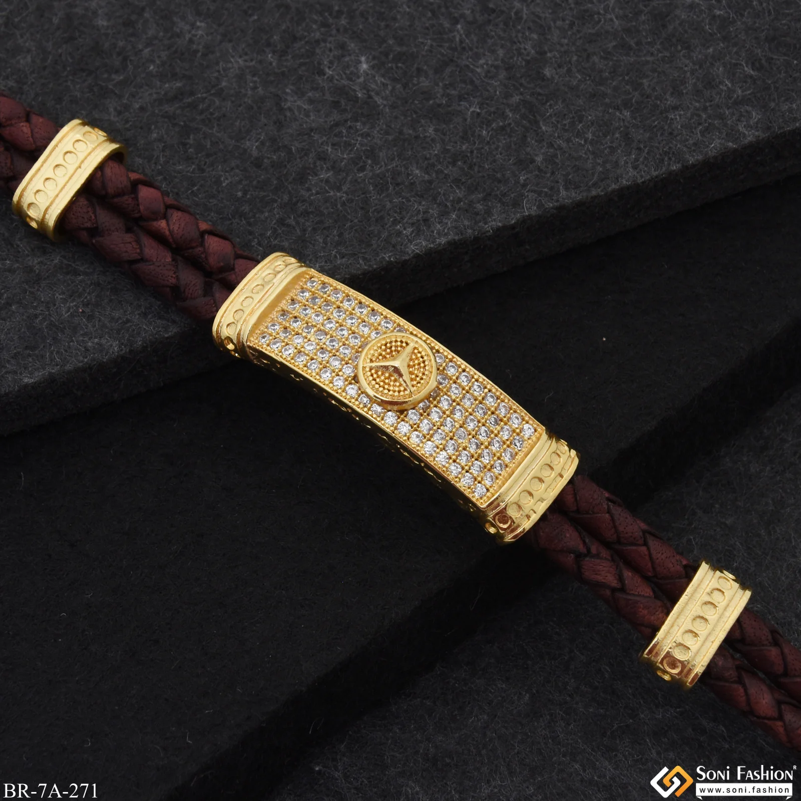 Triangle Logo with Diamond Gold Plated Leather Braided Bracelet for Men - Style A271 - Image 4