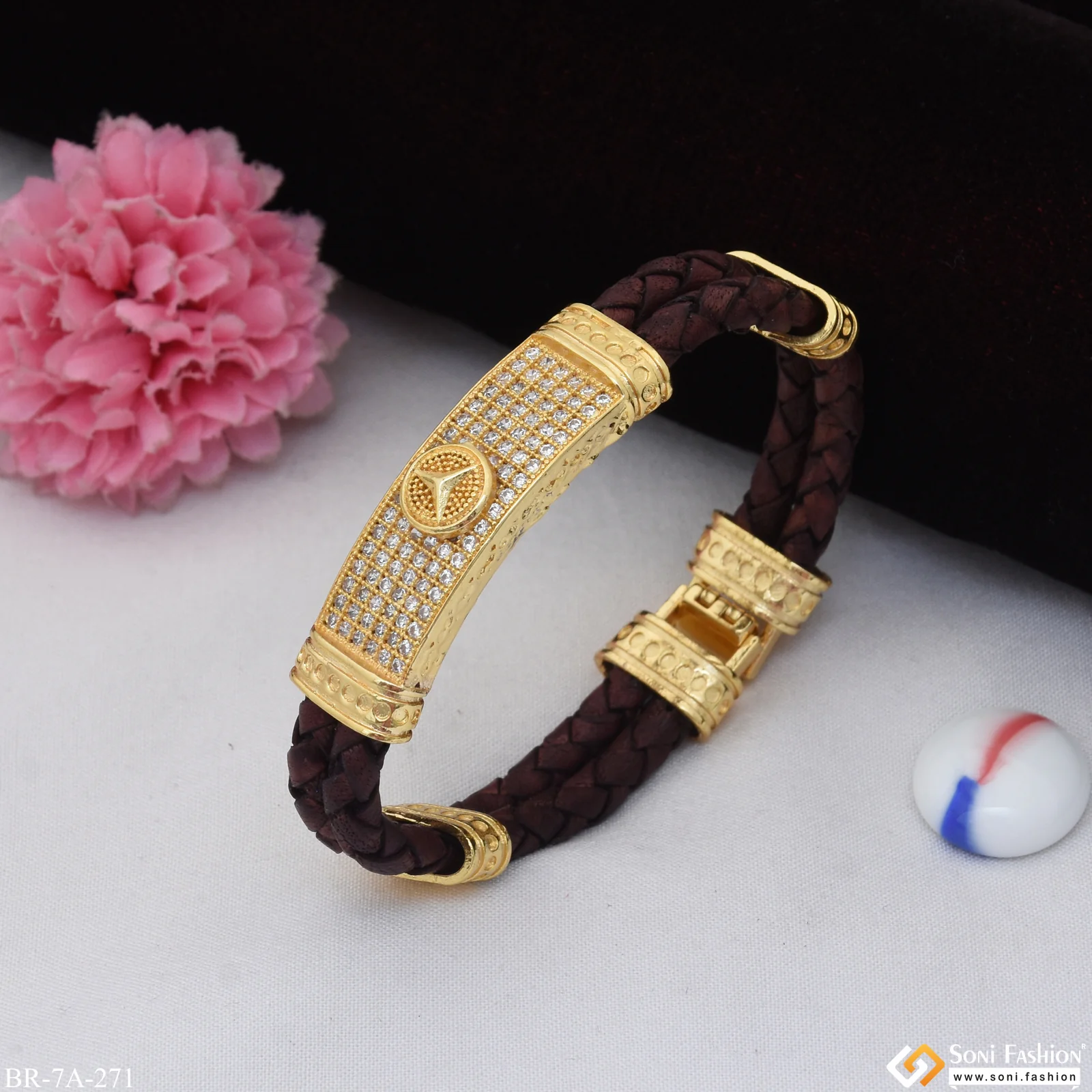 Triangle Logo with Diamond Gold Plated Leather Braided Bracelet for Men - Style A271 - Image 5