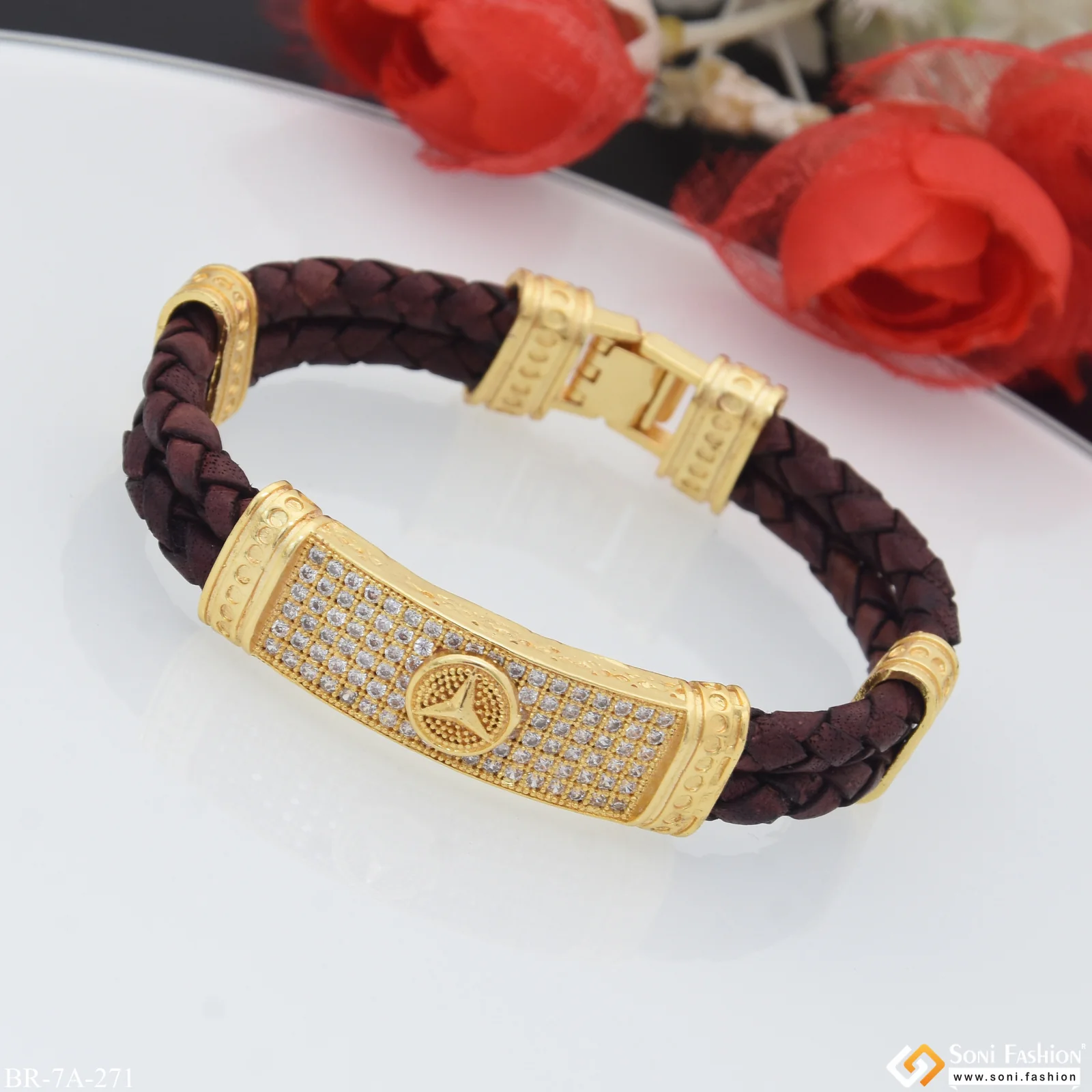 Triangle Logo with Diamond Gold Plated Leather Braided Bracelet for Men - Style A271 - Image 6