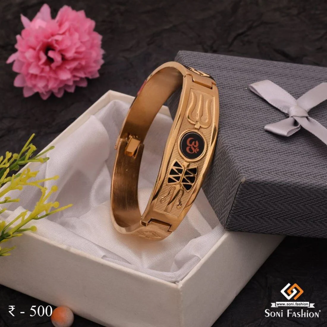 Trishul With Om Extraordinary Design Gold Plated Kada for Men - Style A306 - Image 3