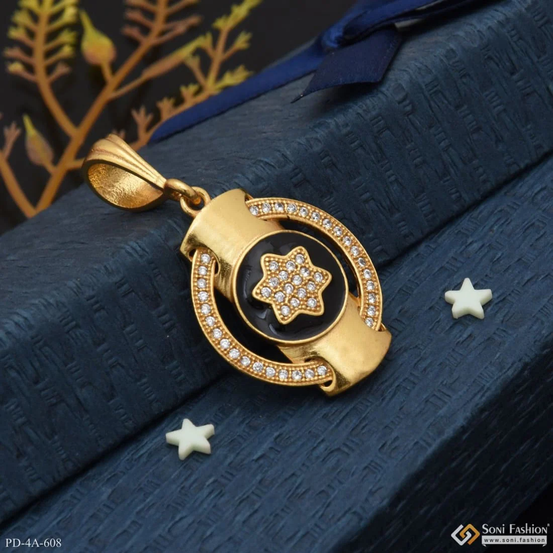 Very Best Star in Black Round with Diamond in Gold Plated Pendant - Style A608
