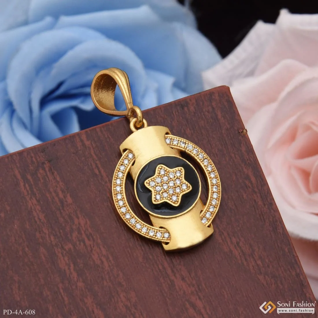 Very Best Star in Black Round with Diamond in Gold Plated Pendant - Style A608 - Image 2