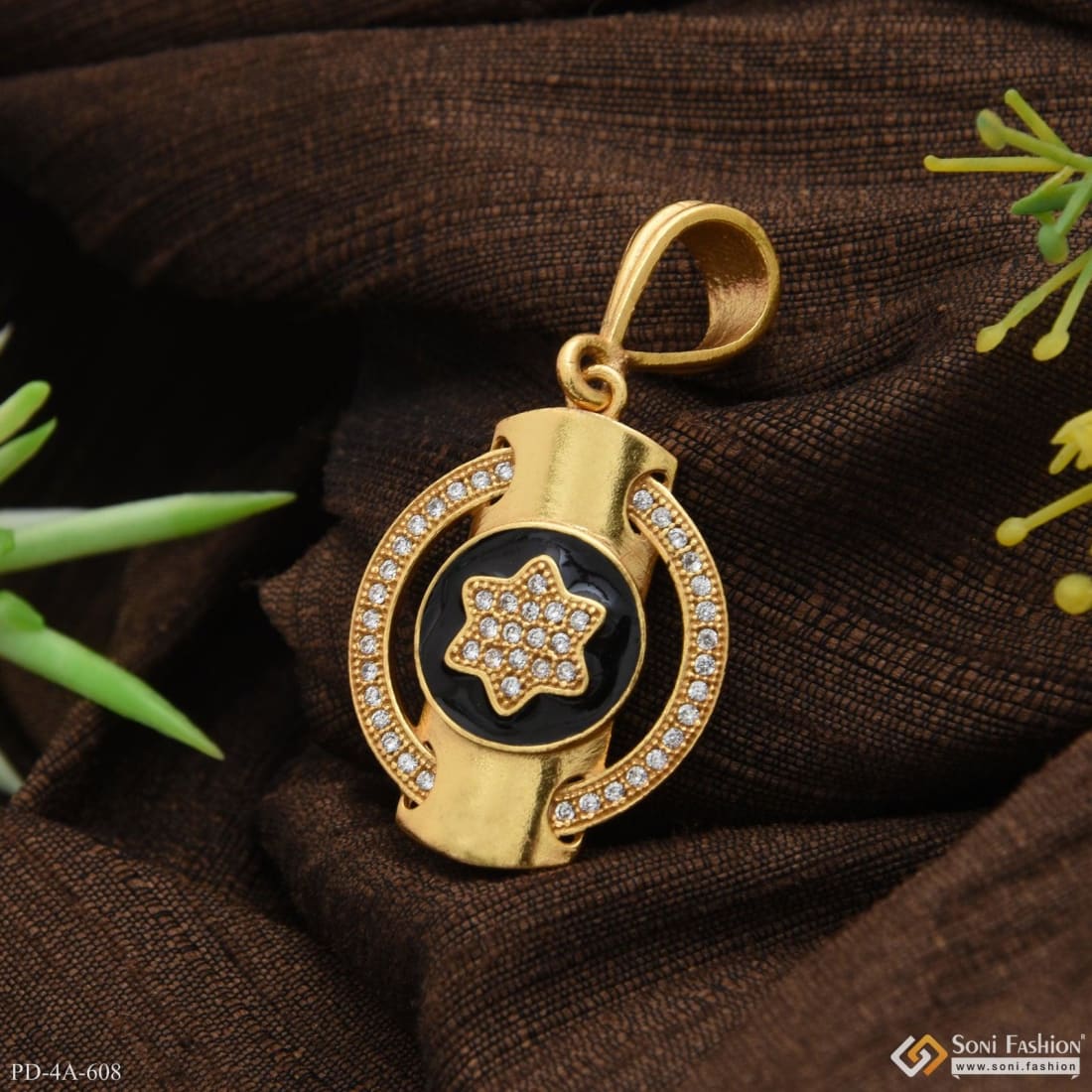 Very Best Star in Black Round with Diamond in Gold Plated Pendant - Style A608 - Image 3