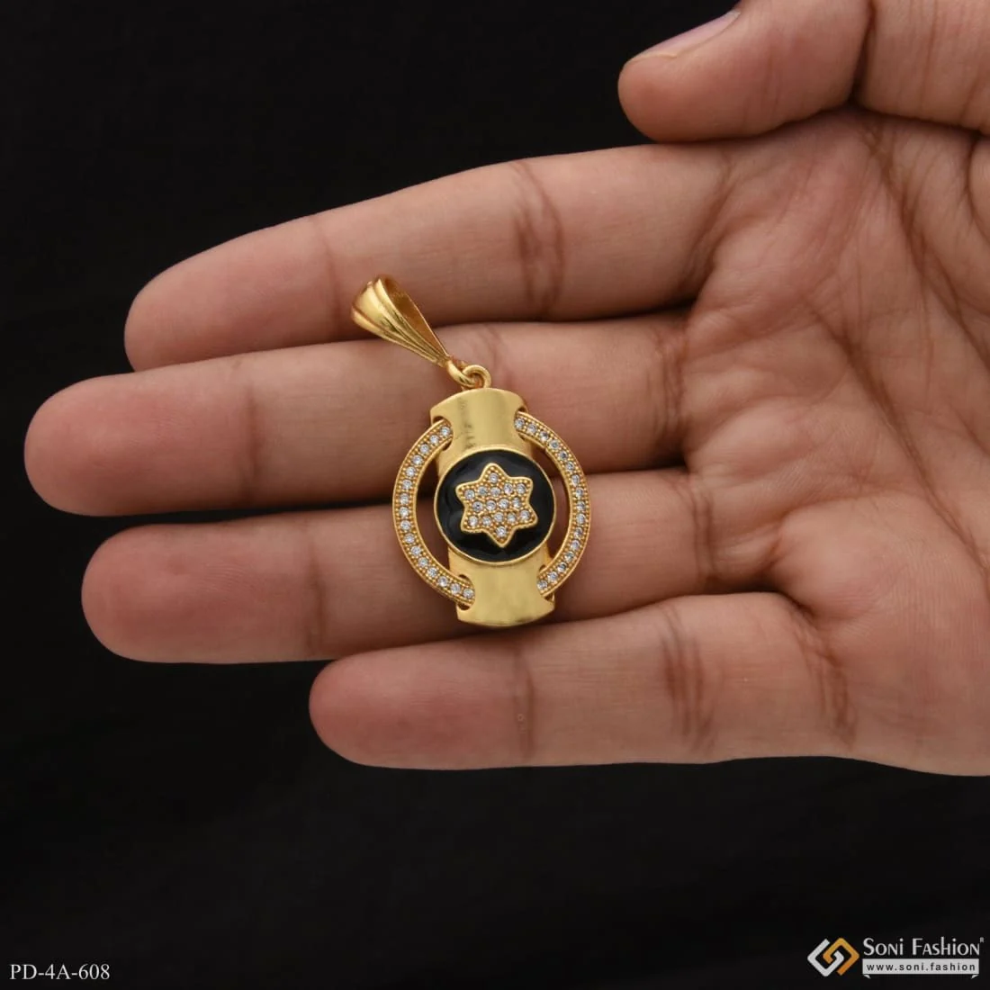 Very Best Star in Black Round with Diamond in Gold Plated Pendant - Style A608 - Image 4
