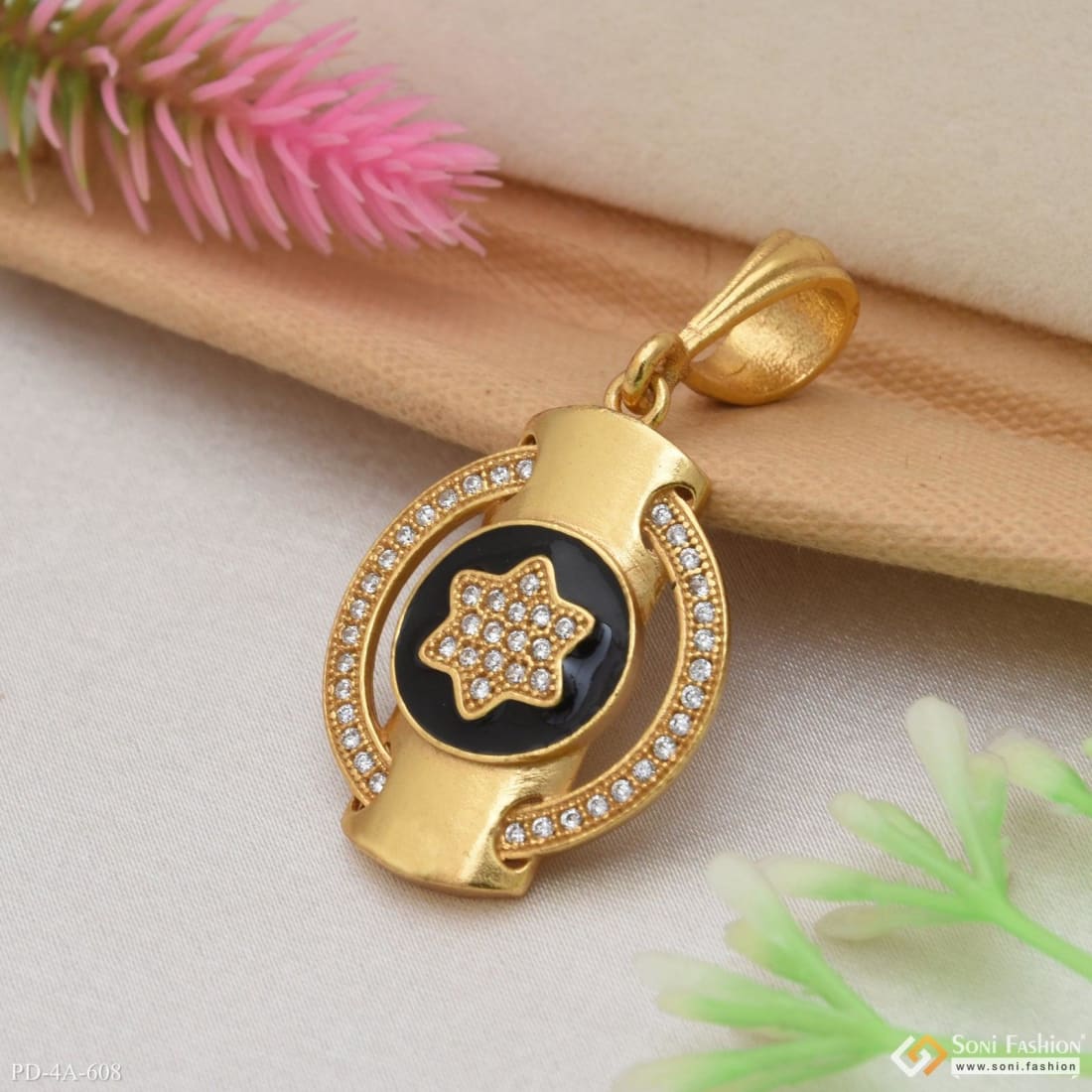 Very Best Star in Black Round with Diamond in Gold Plated Pendant - Style A608 - Image 5