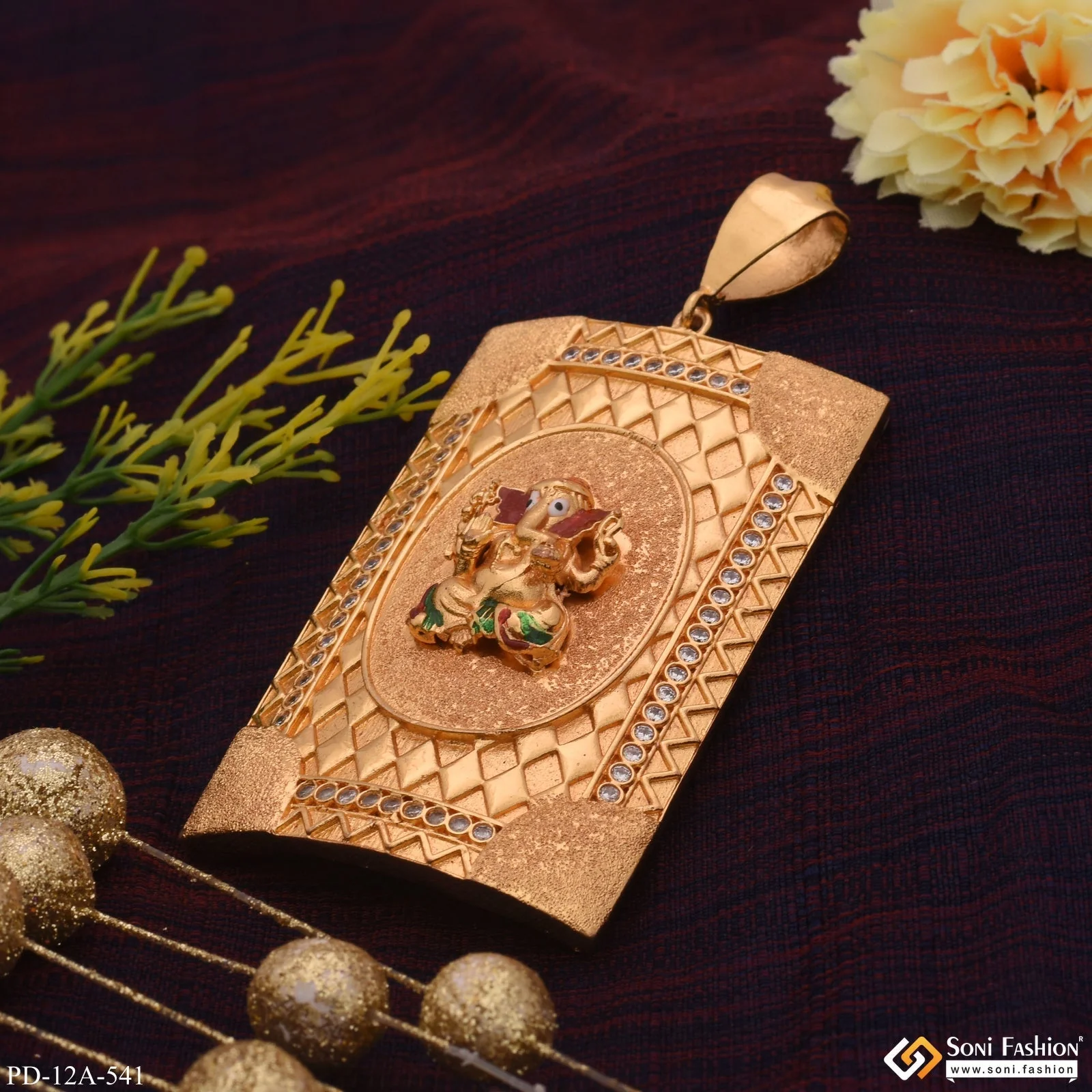 Very Big Ganesha In Tringle Pattern Diamond Gold Plated Pendant - Style A541 - Image 2