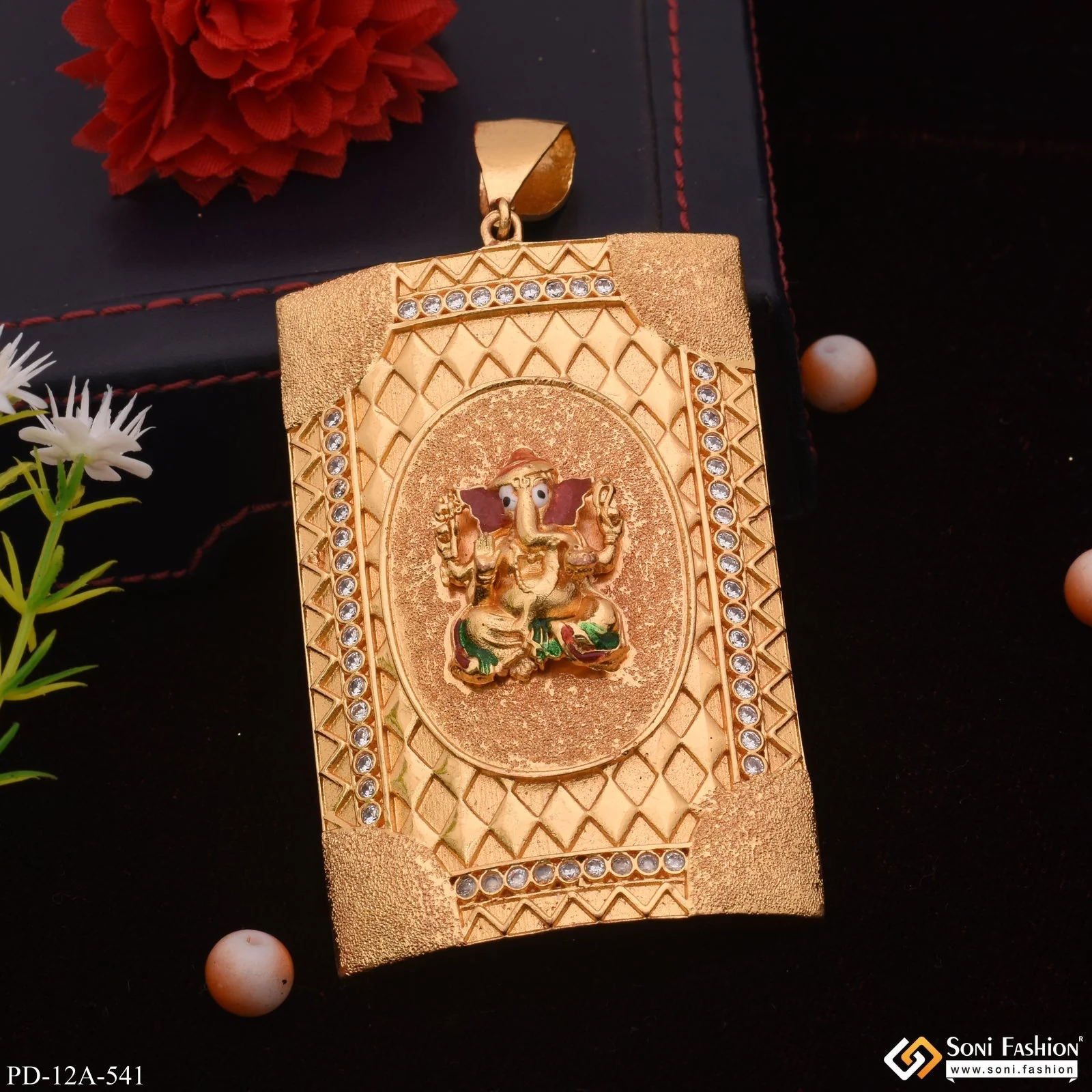 Very Big Ganesha In Tringle Pattern Diamond Gold Plated Pendant - Style A541 - Image 3