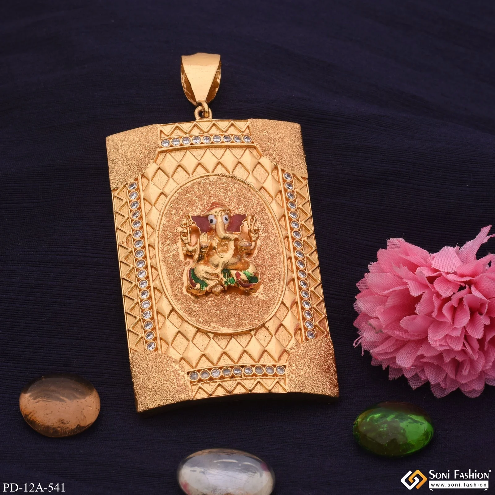 Very Big Ganesha In Tringle Pattern Diamond Gold Plated Pendant - Style A541 - Image 4